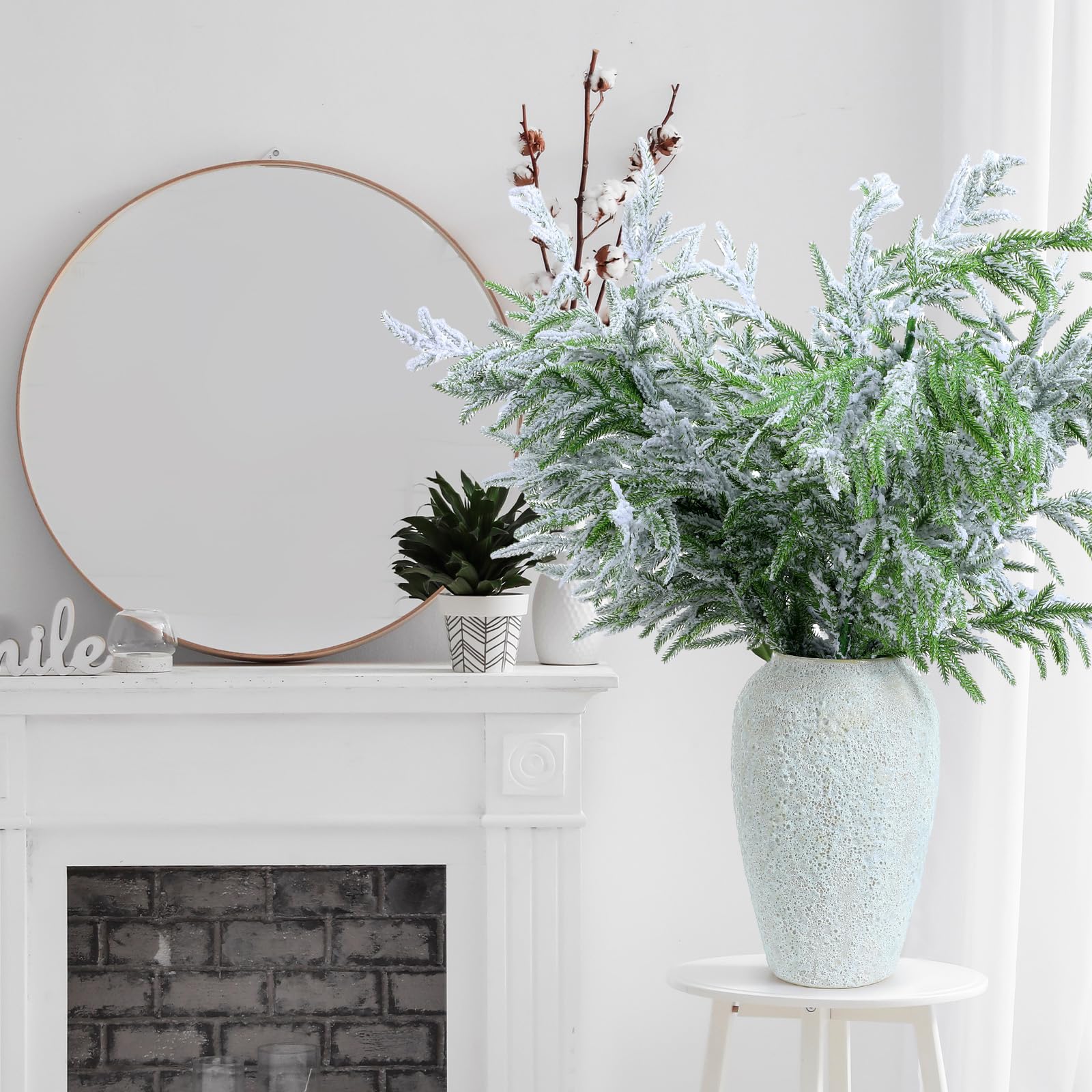 Zeyune 36 Inches Norfolk Pine Branch with Snow Christmas Norfolk Pine Stems Simulated Norfolk Pine Needles Winter Decor for DIY Garland Wreath and Home Garden Decoration, 6 Pcs