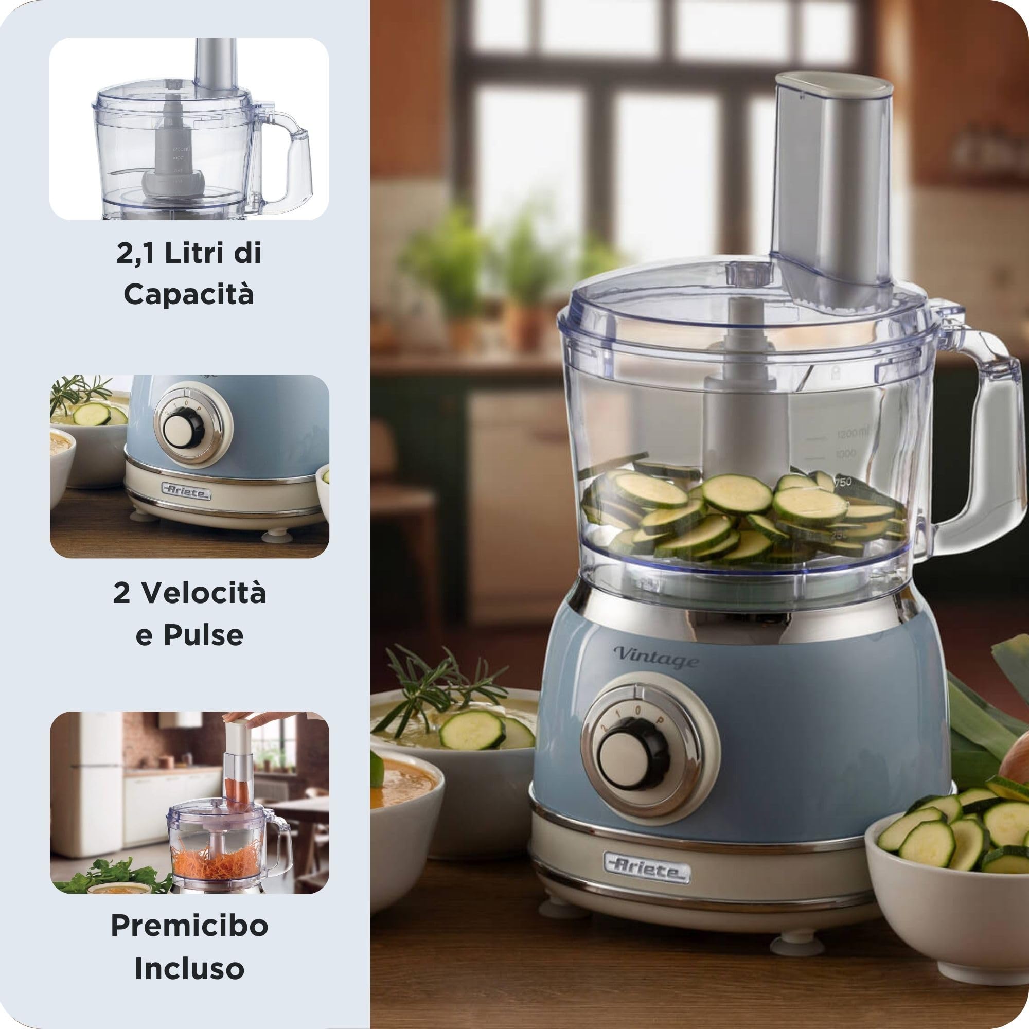 Ariete 1781 Robot da cucina Vintage, 1000W, Capacità 1,2 L, Per preparazione impasti, Celeste