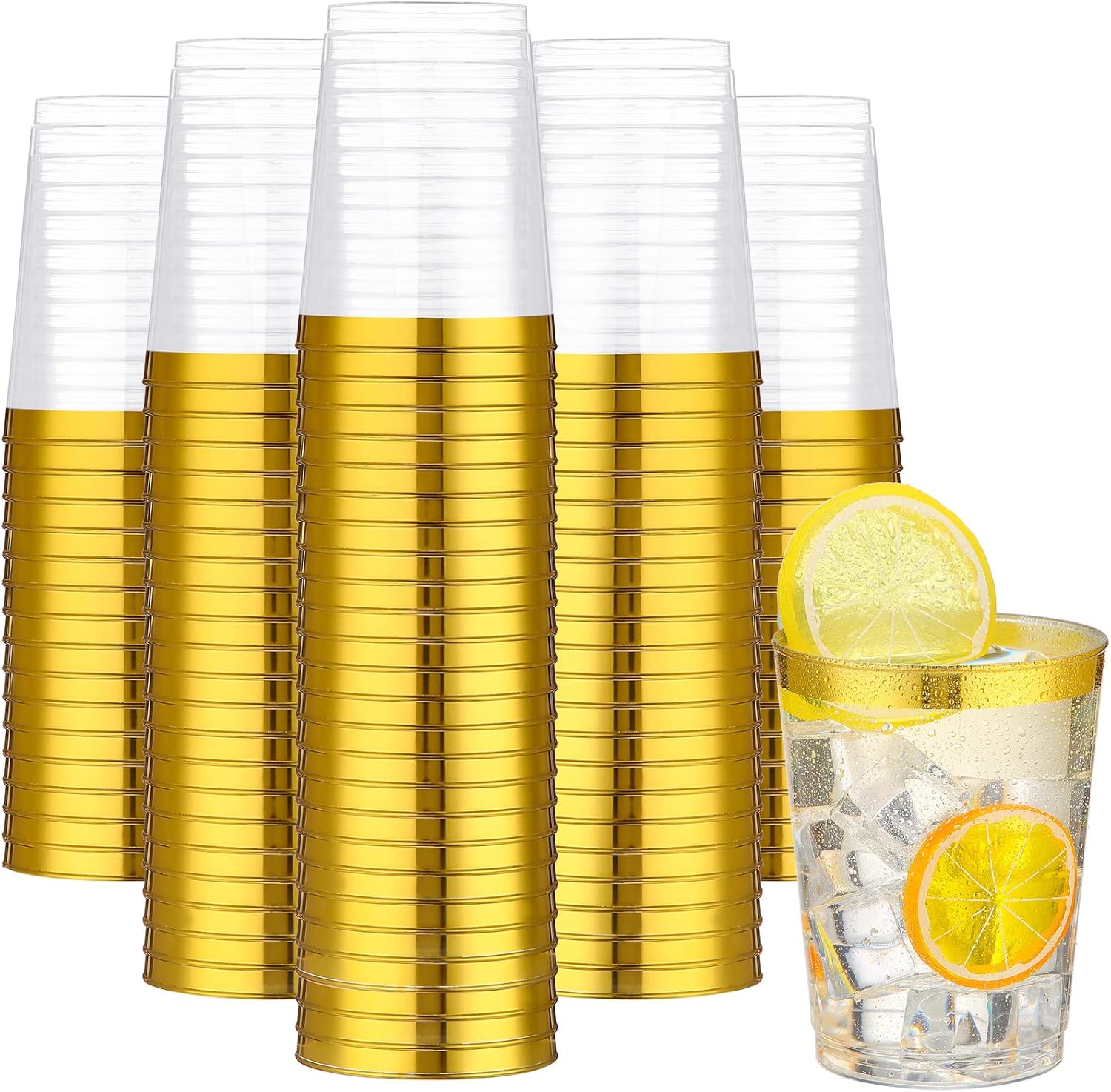 Yungyan Bulk Gold Rimmed Plastic Cups 200 Packs 10 oz Clear Plastic Cups Disposable