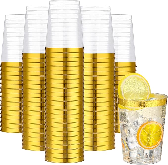 Yungyan Bulk Gold Rimmed Plastic Cups 200 Packs 10 oz Clear