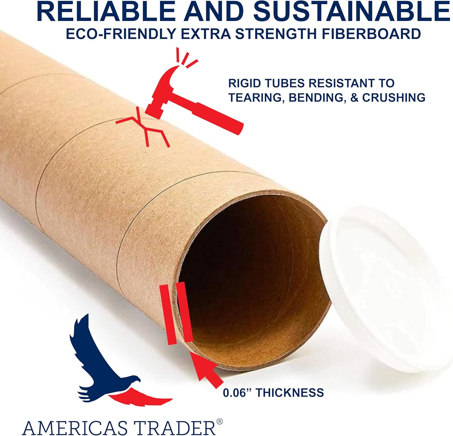50 Tubos De Cartón Redondos Para Envíos - Medidas 2x15 Pulgadas, Con Tapas, Hechos En USA