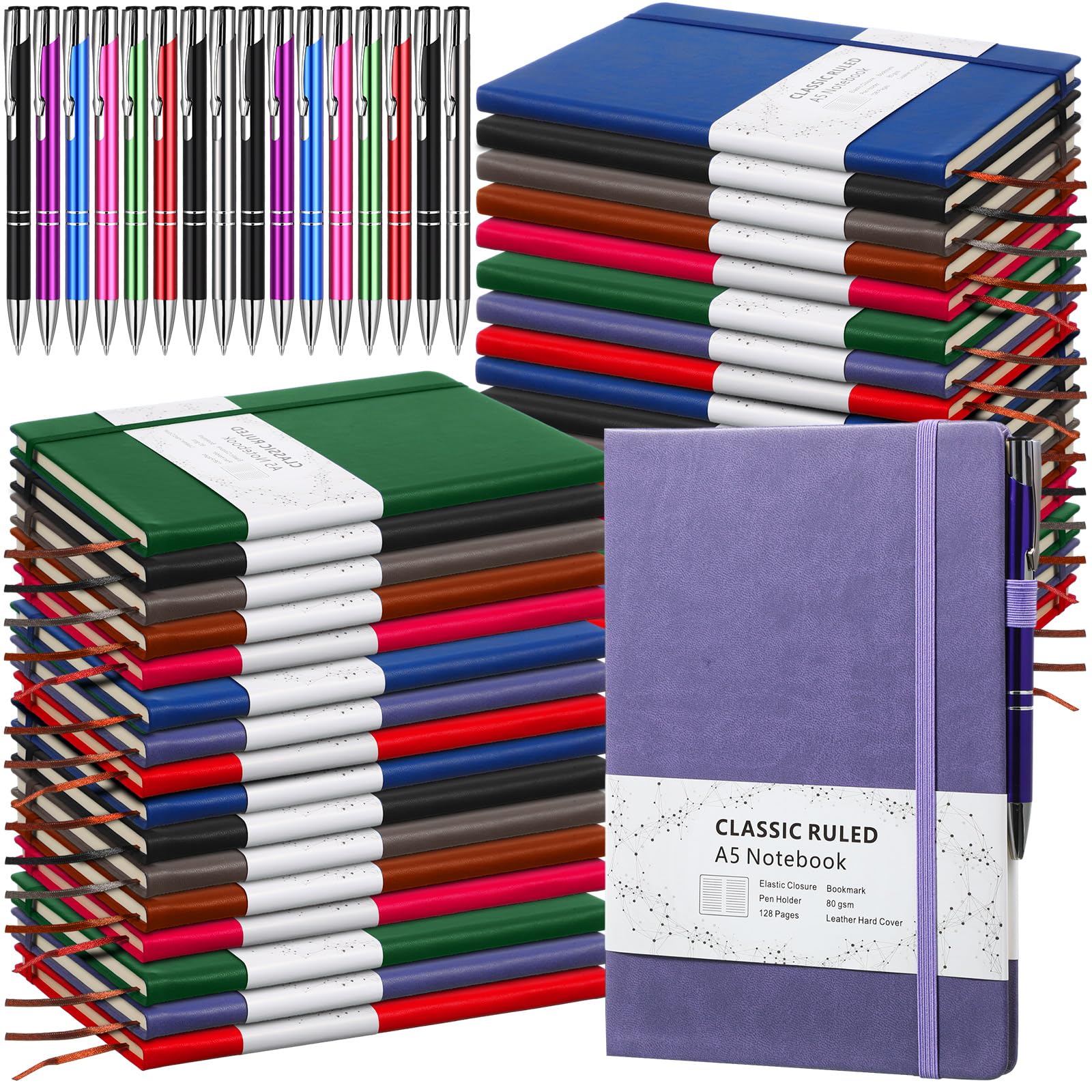 Dispowreath Set di 24 quaderni A5 con 24 penne, copertina rigida, a righe, classici, a righe, per lavoro, scuola, ufficio, viaggi d'affari, 128 pagine, 21 x 14 cm (multicolore)