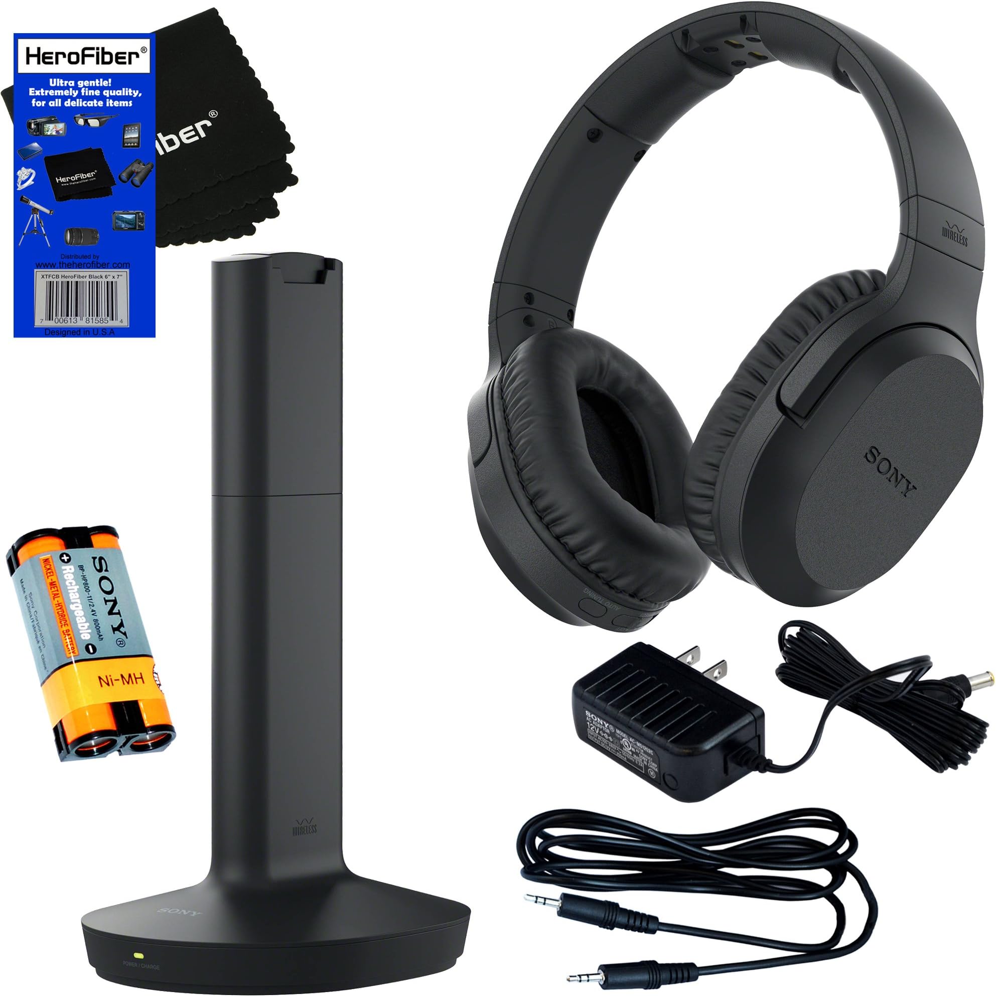 Sony MDRRF995RK Wireless RF (Radio Frequency) Headphone with Transmitter Base Station + Stereo Connecting Cable + AC adaptor + HeroFiber Ultra Gentle Cleaning Cloth