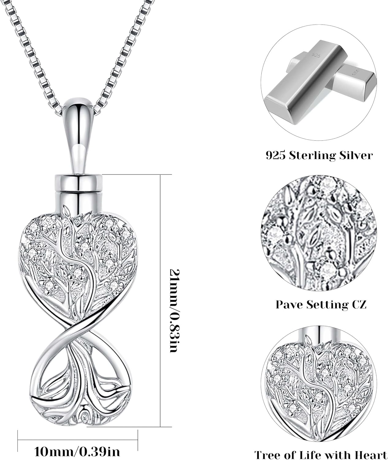 925 Sterling Silver Cremation Jewelry Urn Necklace- Teardrop/Heart/Tree of Life/Infinity/Bar Pendant Necklaces for Ashes for Women Memorial Keepsake Jewelry Gifts
