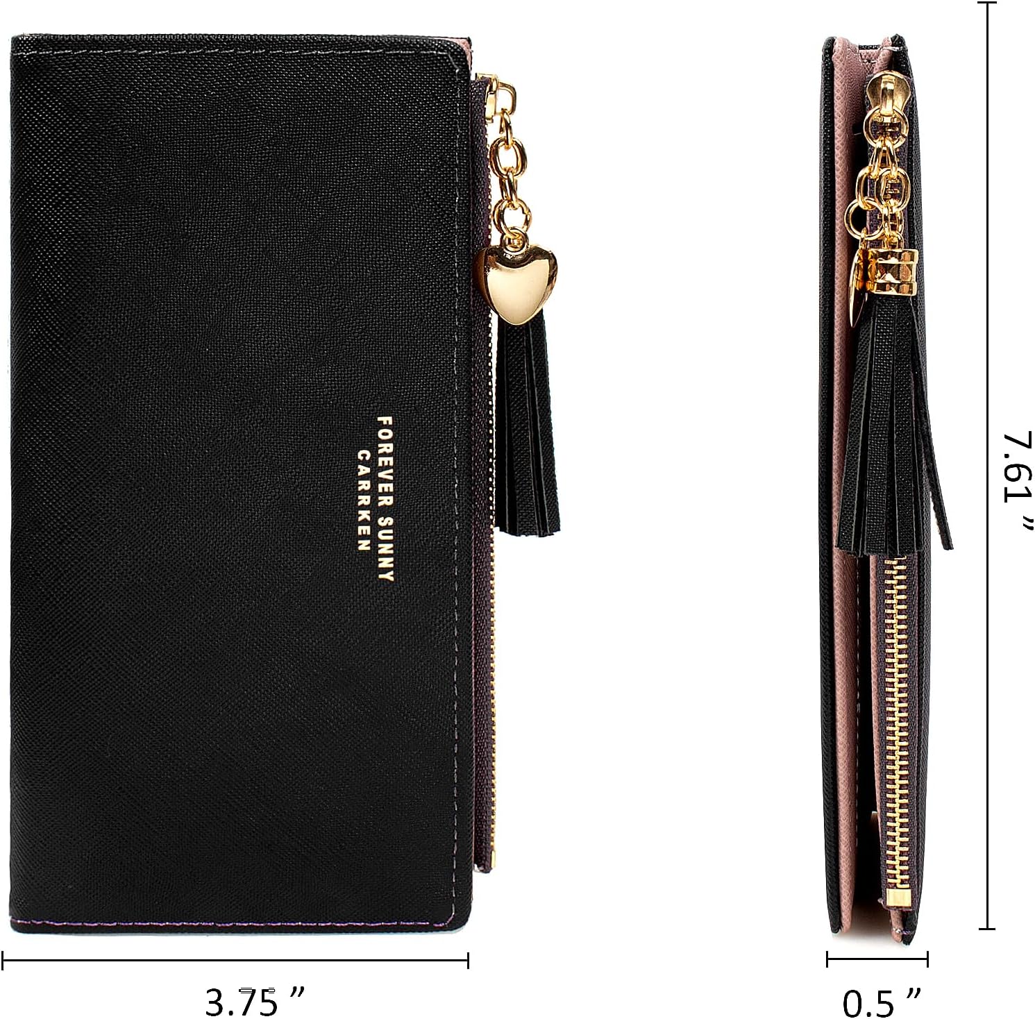 KOTORA Womens Slim Wallet Girls Thin Wallets Pretty Mini Long Card Holder Small Tiny Clutch Zip Purse Love Pendant Tassels Billfold (Black) image 3
