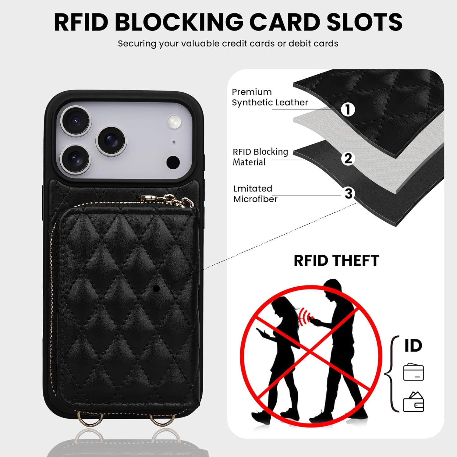 Keallce Case for iPhone 17 Pro Max 6.9'' Wallet Case, Crossbody Zipper Purse with Wrist Strap Lanyard Handbag, RFID Blocking Card Holders, Kickstand Flip Leather Cover for iPhone 17 Pro Max, Black