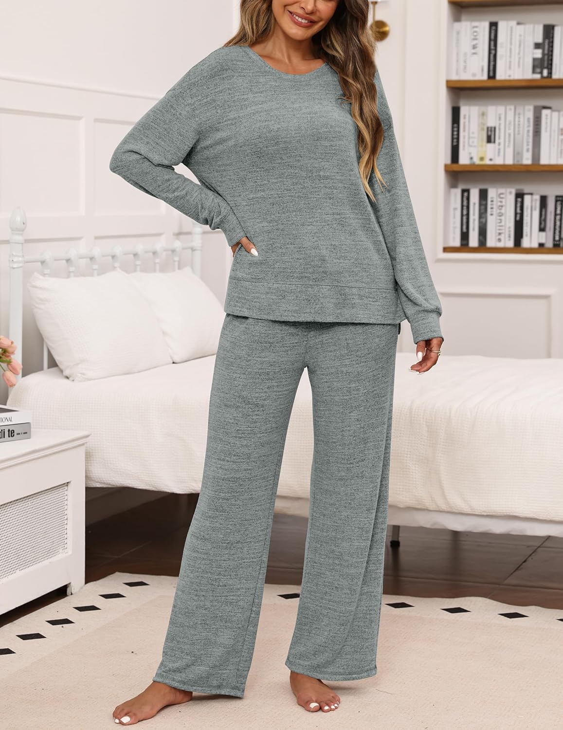 ZMJ Women's Cute Lounge Set Long Sleeve 2 Piece Pajama Outfit Casual Fall Sleepwear with Pockets - Image 3