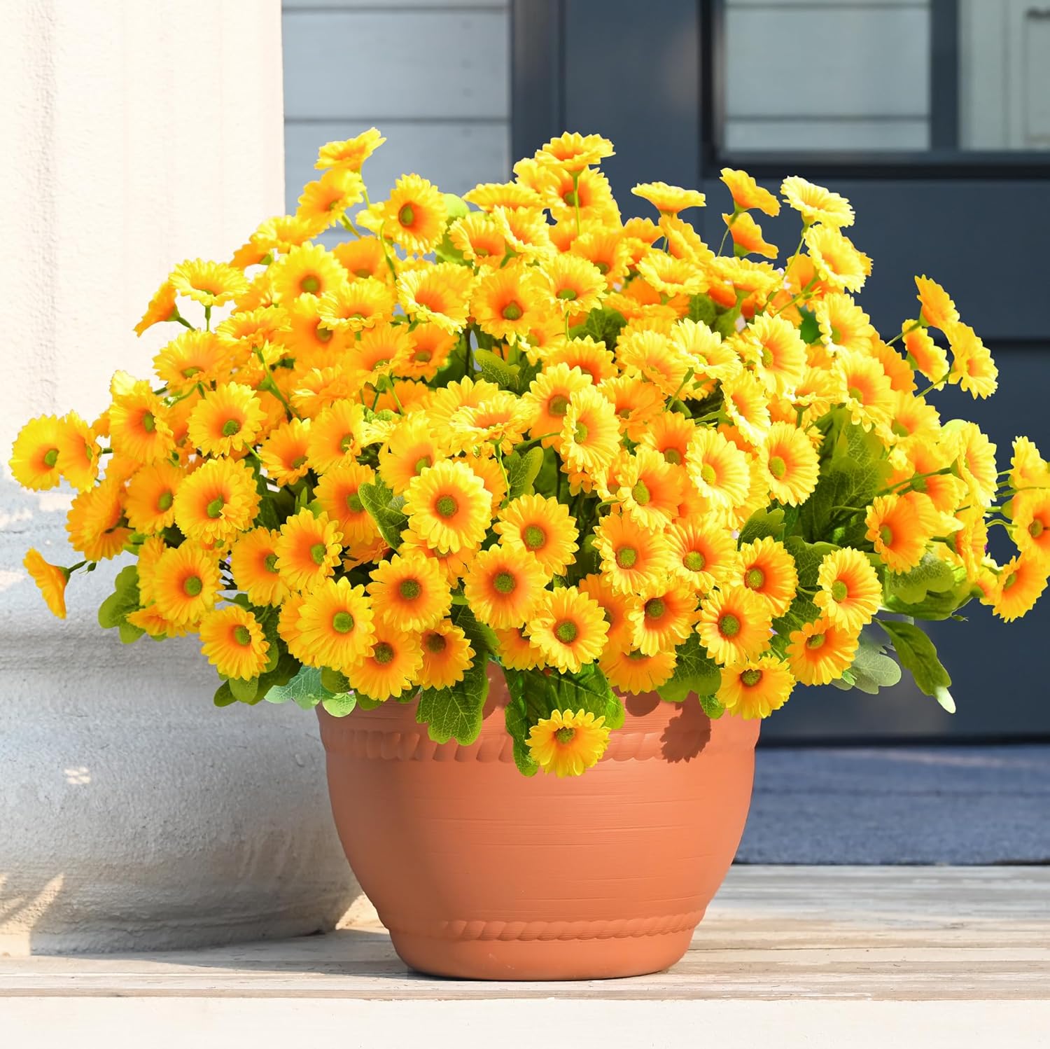 Waipfaru Artificial Flowers for Outdoors Faux Plants, UV Resistant Artificial Outdoor Flowers, Yellow Silk Daisy Realistic Fake Mums Flower for Front Porch Spring Home Planter Patio Decor, 6 Bundles