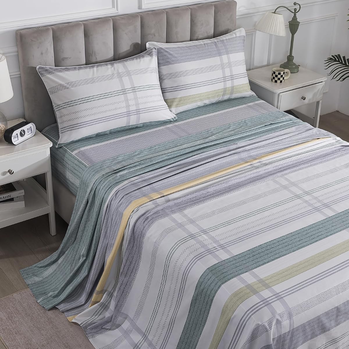 Sábanas modernas de percal a rayas costeras California King, bolsillo profundo | Juego de sábanas 100% algodón gris claro, sábanas neutras suaves y nítidas, ropa de cama de lujo, estampado geométrico clásico, bloques de color, 4 piezas