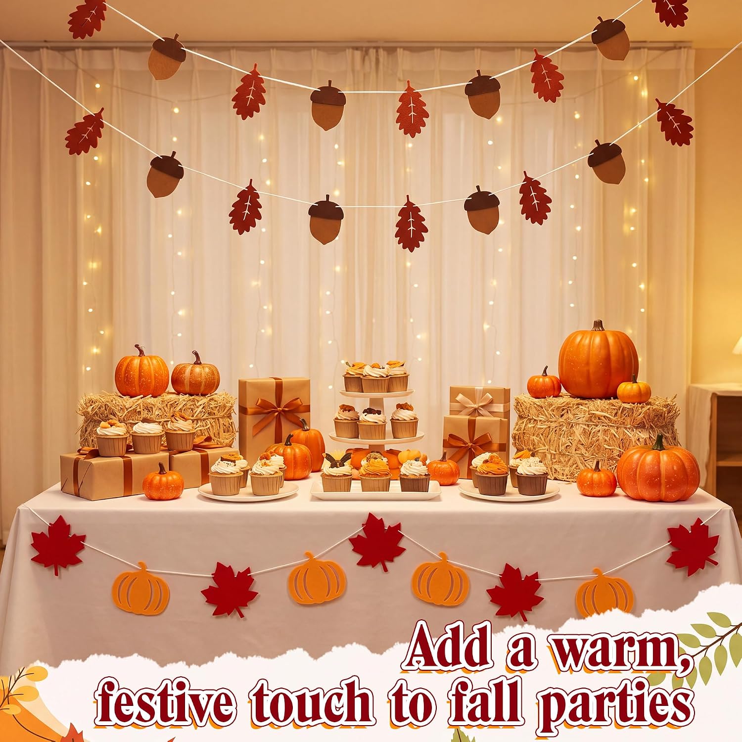 Tudomro 4 Pack Fall Felt Garland, Pumpkin Maple Leaf Banners Mantel Decor