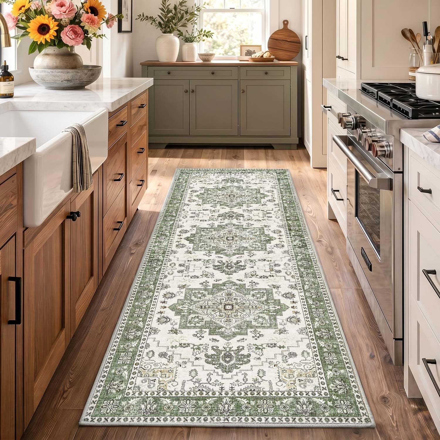 Tapis de passage moelleux vert 60x180 cm lavable pour couloir et cuisine