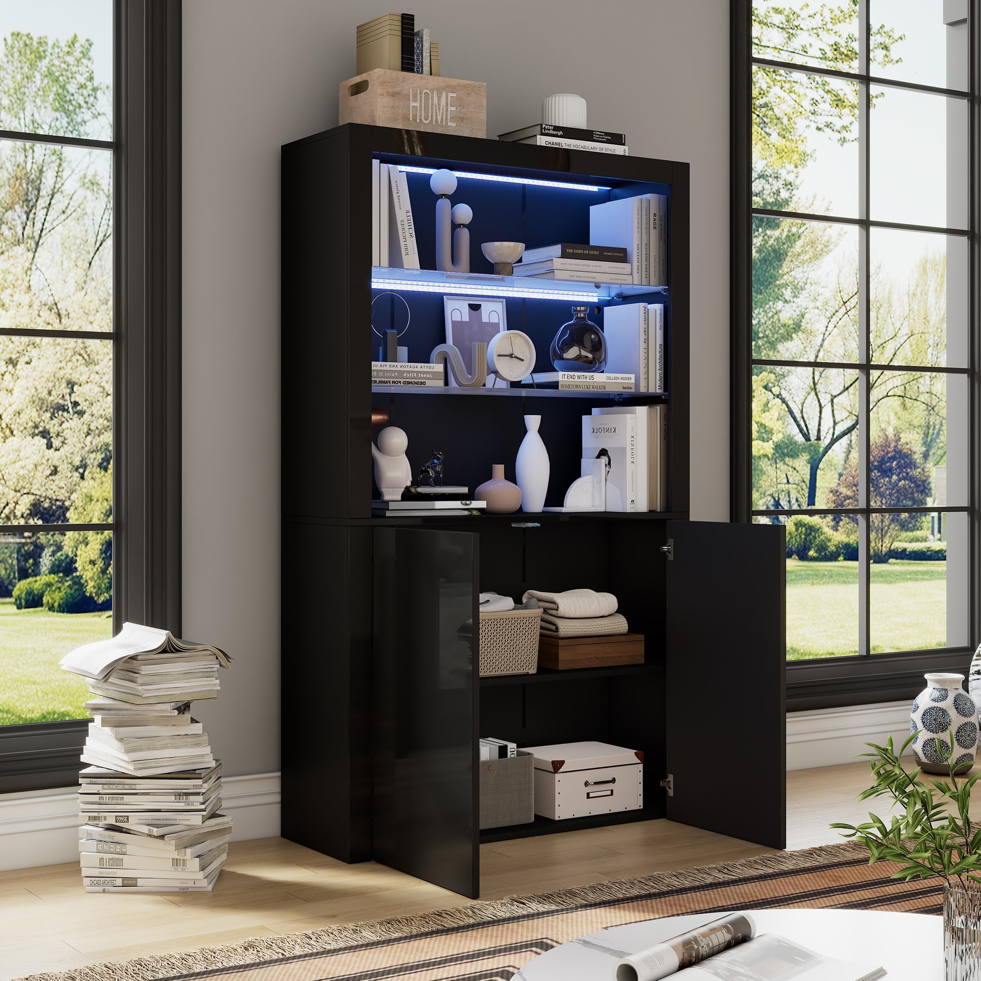 BTM 100x35x170cm Schrank,Vitrine Hochglanz Lagerschrank mit LED-Beleuchtung,2 Glasboden,2 Schränke,Highboard, Wohnzimmerschrank, Aufbewahrungsschrank, Hochschrank, Schwarz