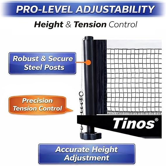 Tinos Premium Quality Ping Pong Net & Post | Heavy Duty Table Tennis net & Post Set | Tension and Height Adjustment |