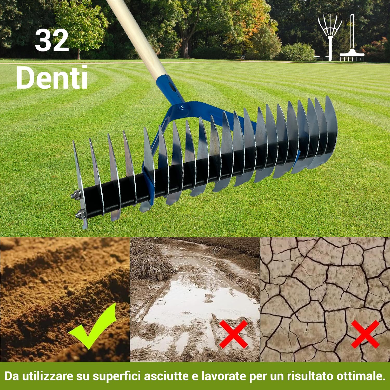 Crisalide® - Rastrello Sarchiatore Arieggiatore, Rastrello da Prato, 32 Denti In Acciaio Zincato, 35cm, Con e Senza Manico (Con Manico)