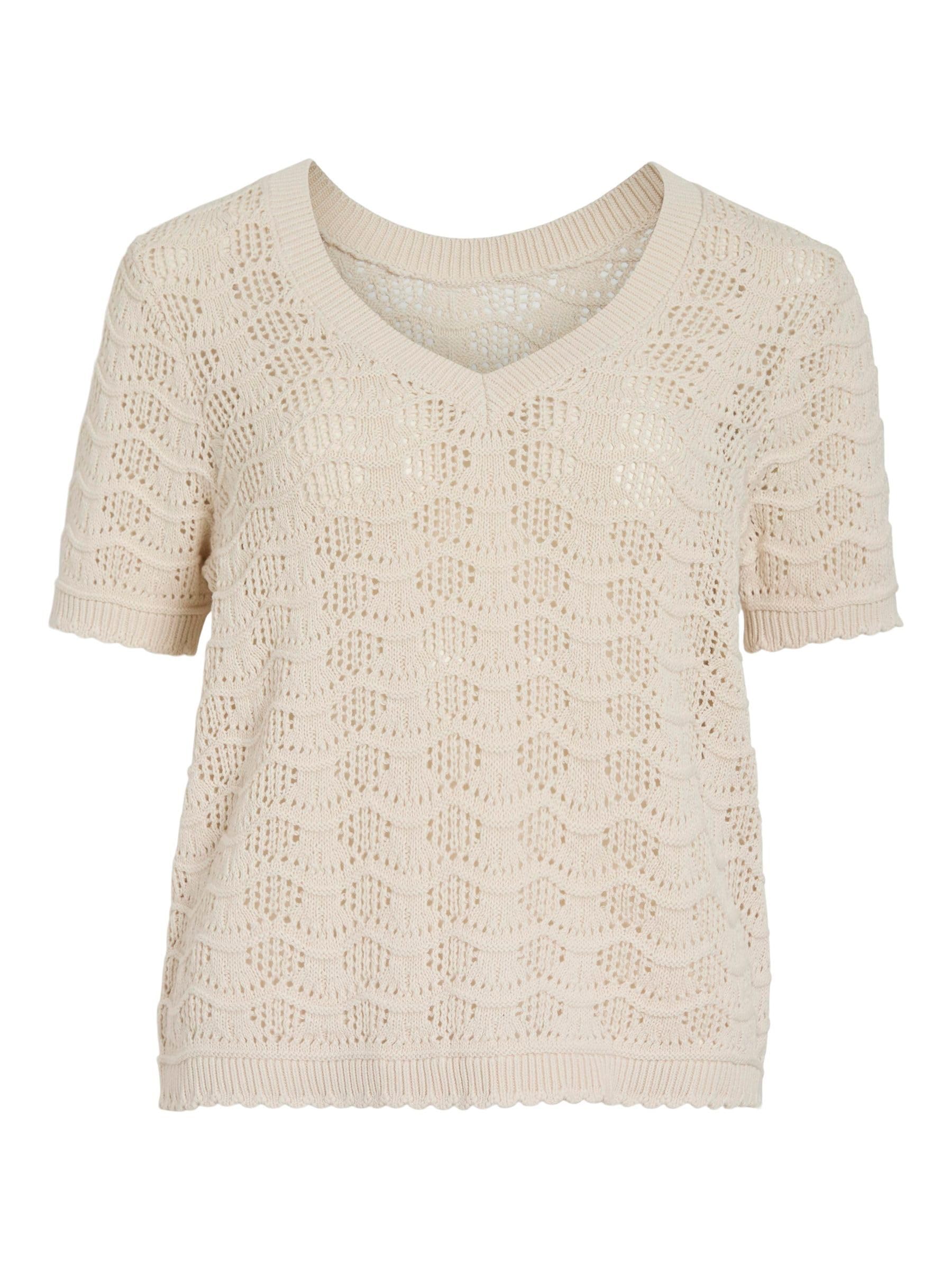 Vila Vicoby V-Neck S/S Knit Top, Birch, L