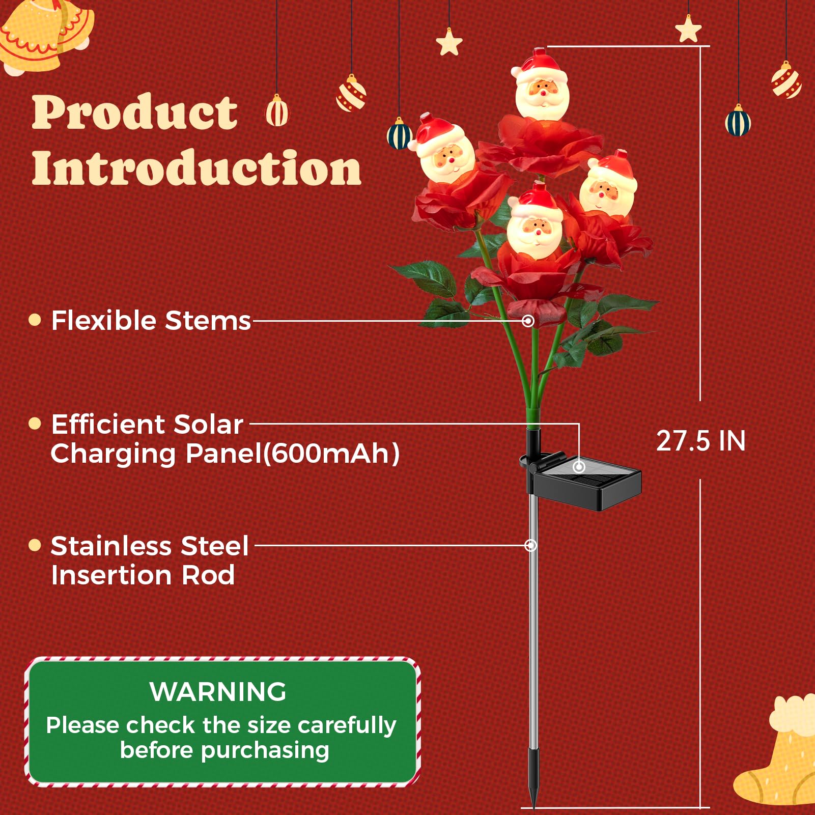 Lot de 2 lampes solaires de jardin en forme de rose de Noël avec Père Noël, 70 cm, pour décoration de Noël, marche/arrêt automatique, étanchéité IP65, convient pour cour, étang, allée