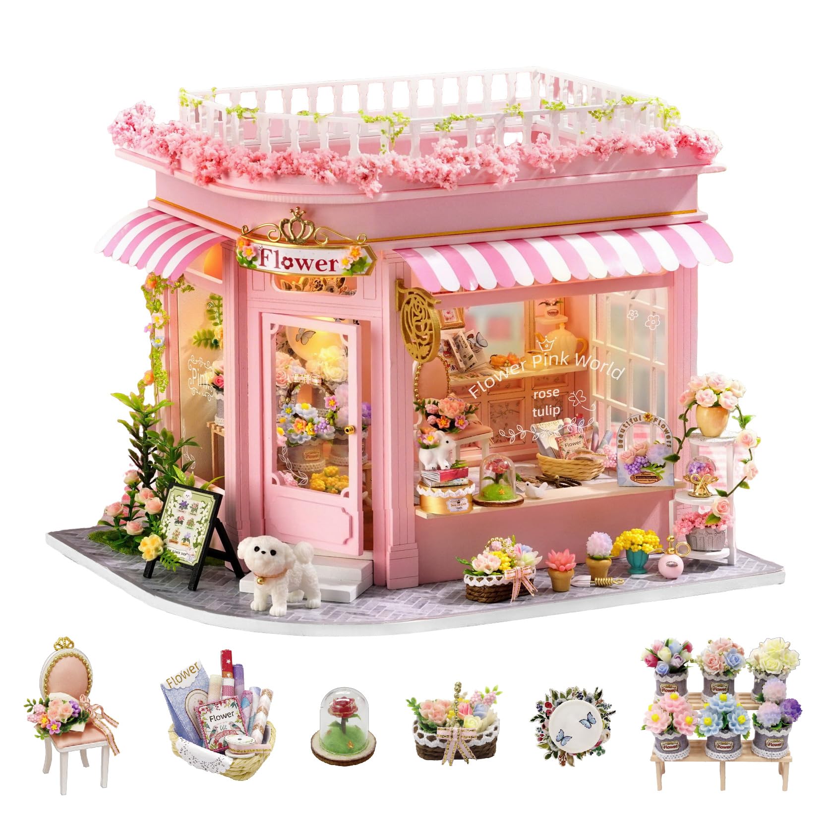 CUTEROOM Miniature House Kits For Adults, Mini Dollhouse Wooden Furniture Kit, Diy Craft Kits Creative Room Tiny House For Decoration-Colorful Flower Shop