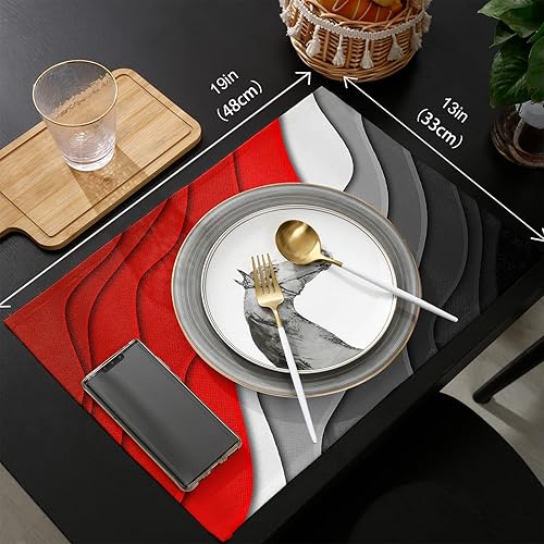 Miniatura 6 de Juego de 6 manteles individuales modernos geométricos rojos y negros para comedor, mesa de comedor, gris, abstracto, playa, lavables, decoración de
