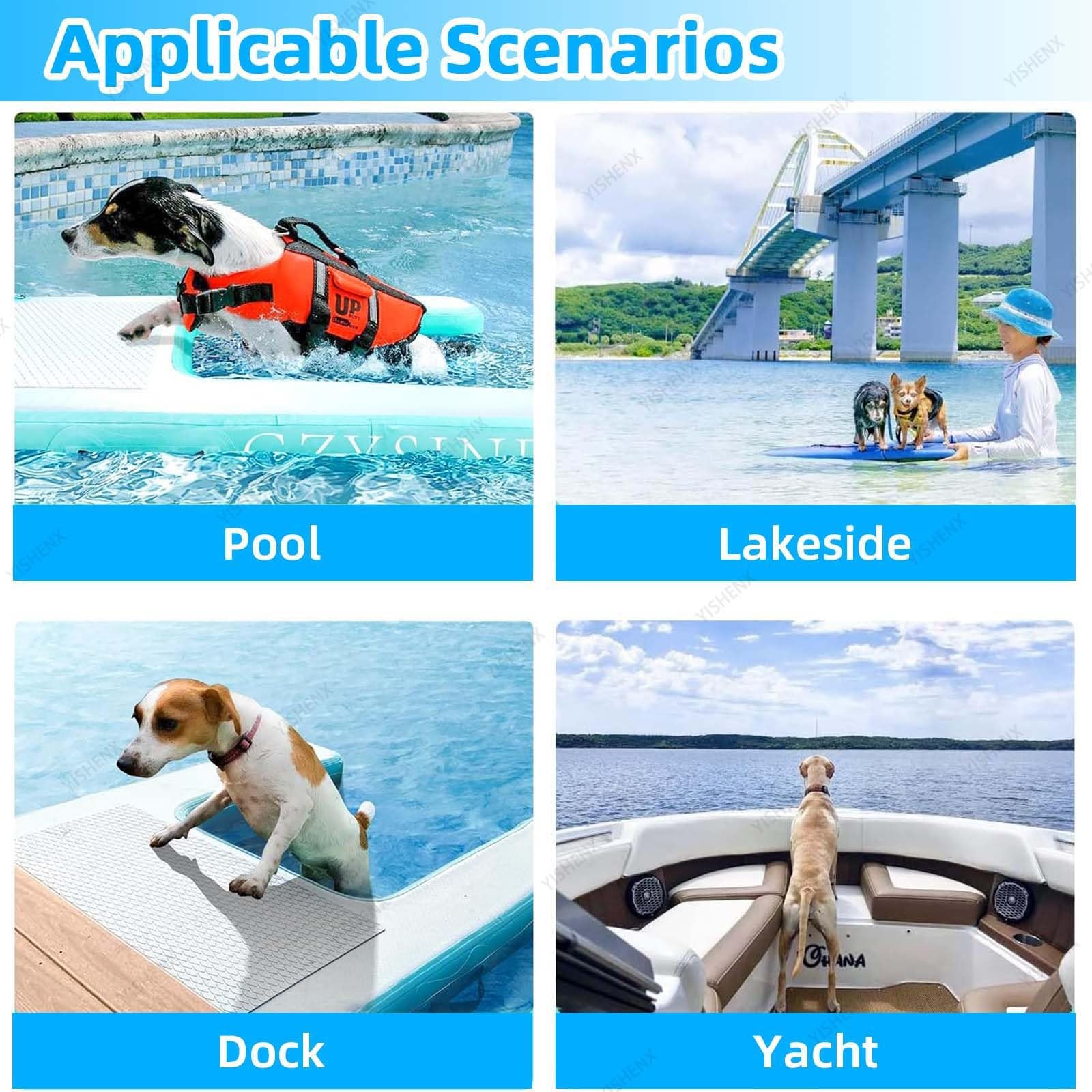 Rampa De Agua para Perros, 150 × 100 × 10 Cm, Inflado Rápido (2-3 Min), Material De PVC, Malla Resistente a Desgarros Y Arañazos, Incluye Bomba De Aire, (Blue)