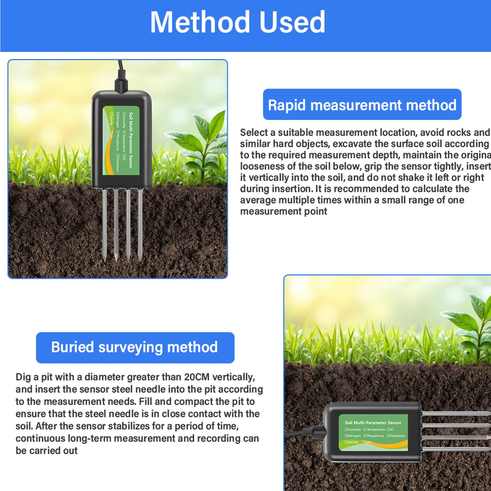 Détecteur d'eau de sol/température 8 fonctions avec sondes et interfaces informatiques pour horticulture/environnement Humidimètre pour plante