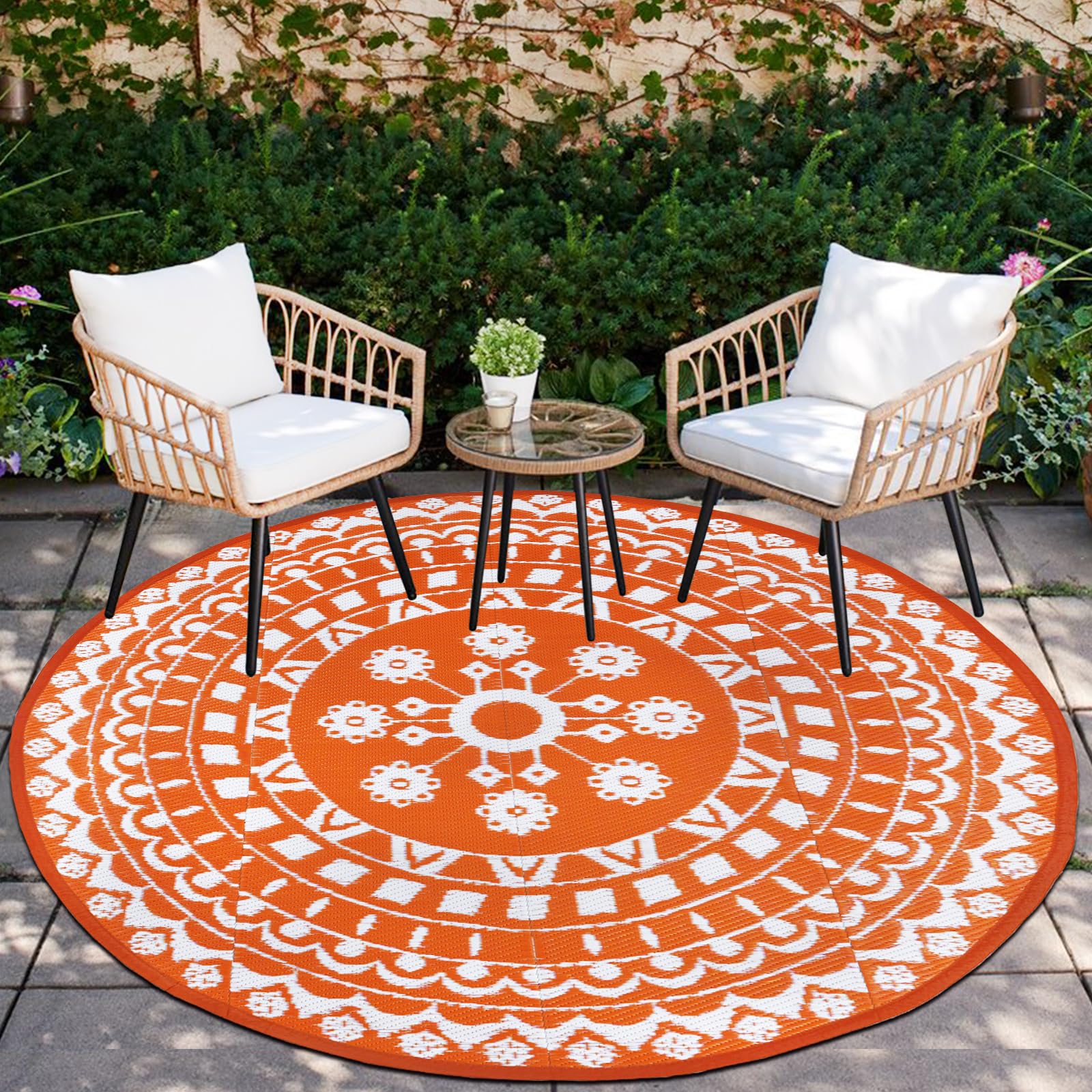 Capslpad 6Ft Round Outdoor Rug for Patios Clearance Reversible Mat Plastic Straw Patio Rugs Lightweight RV Camping Mat Circle Outside Area Rug Carpet for Balcony Deck Trailer Picnic,Orange — image 1