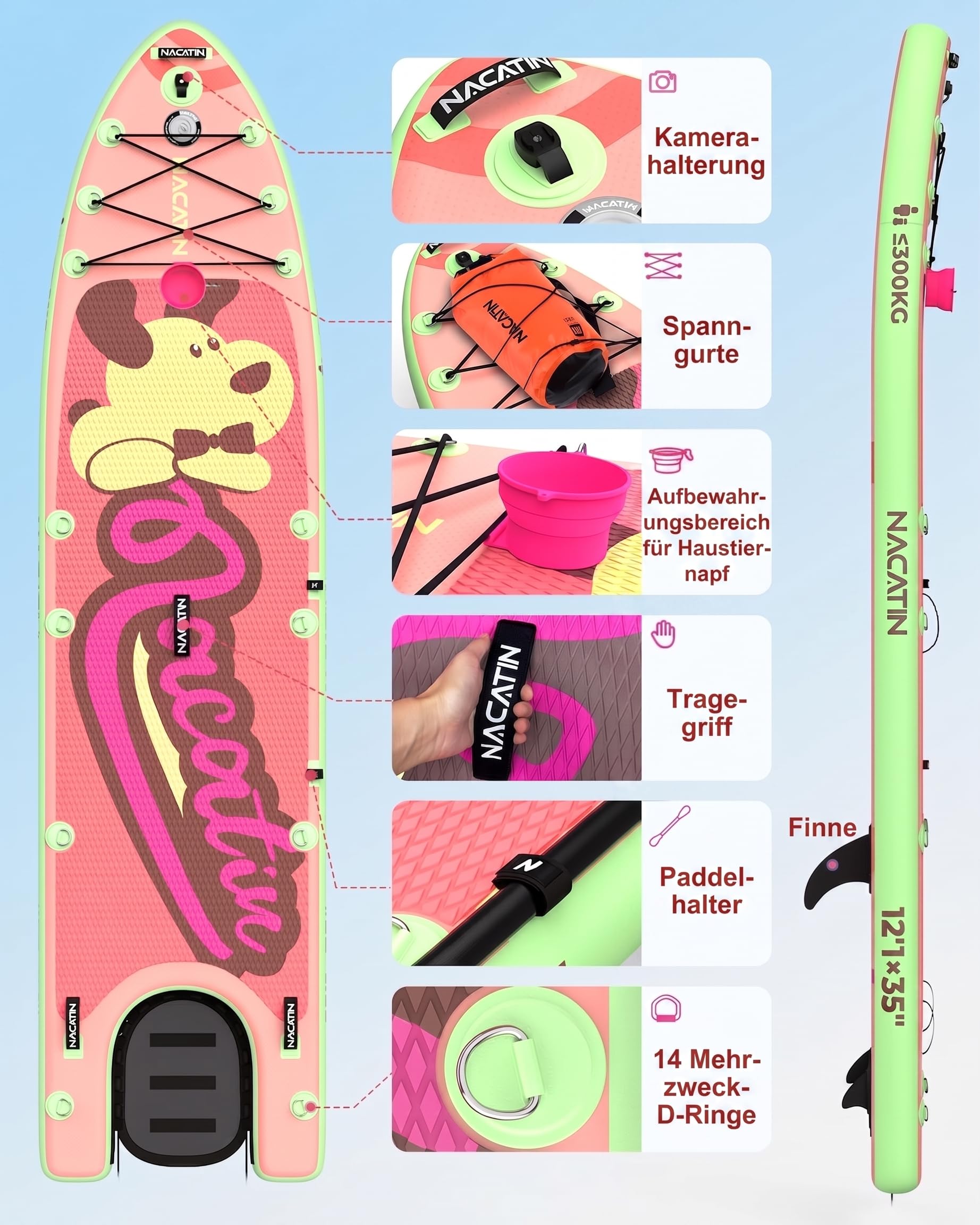 NACATIN 366cm (12ft) aufblasbares SUP Board mit Hunderampe, breites 91cm (36in) Stand Up Paddling Board mit rutschfestem Deck für Hunde & Familie, mit Einzel-/Doppelpaddel, Pumpe, Rucksack