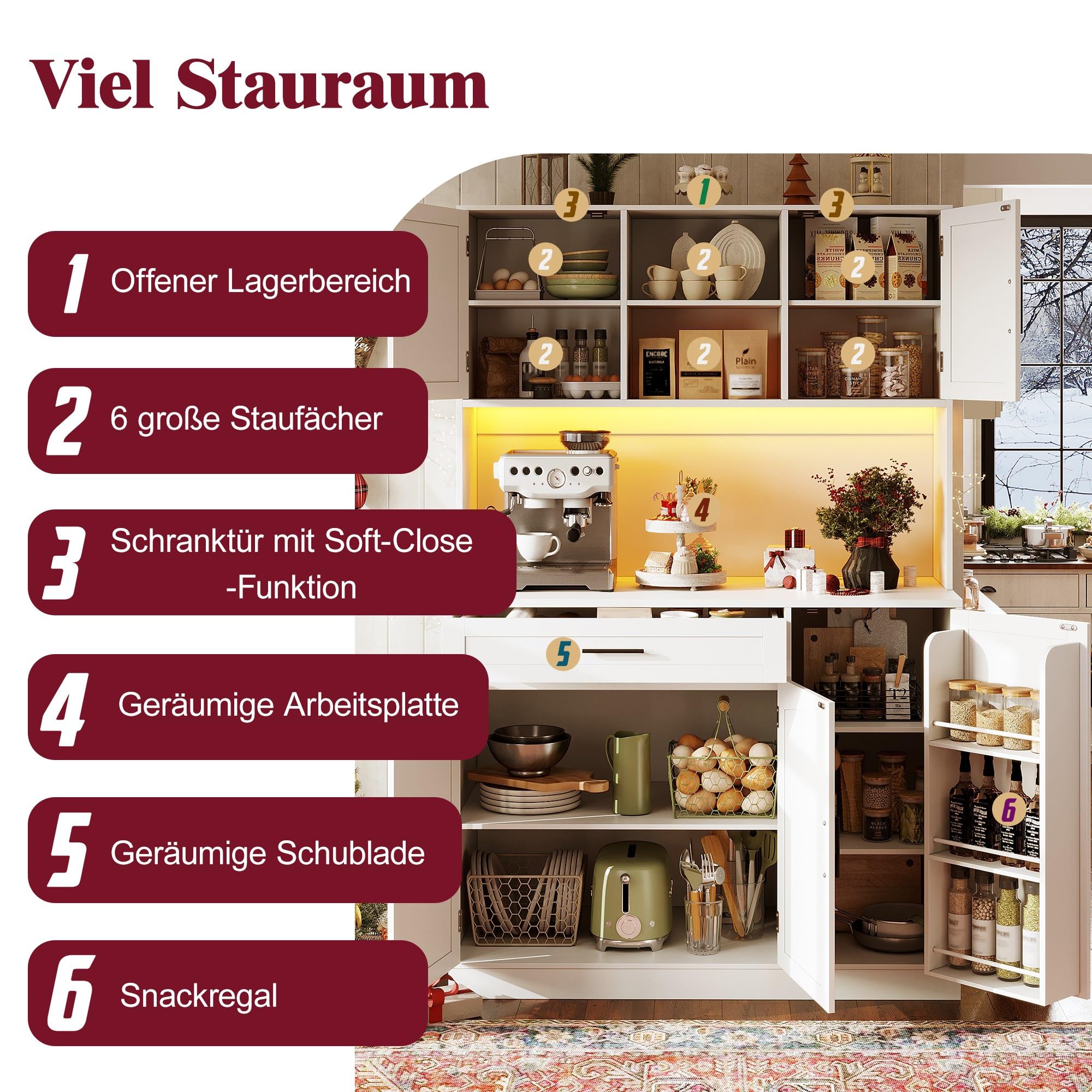 Seitenschrank, Aufbewahrungsschrank, Küchenschrank, 110x38x180 cm, Landhausstil, fünf Türen, mit LED-Leiste und Steckdose, Weiß