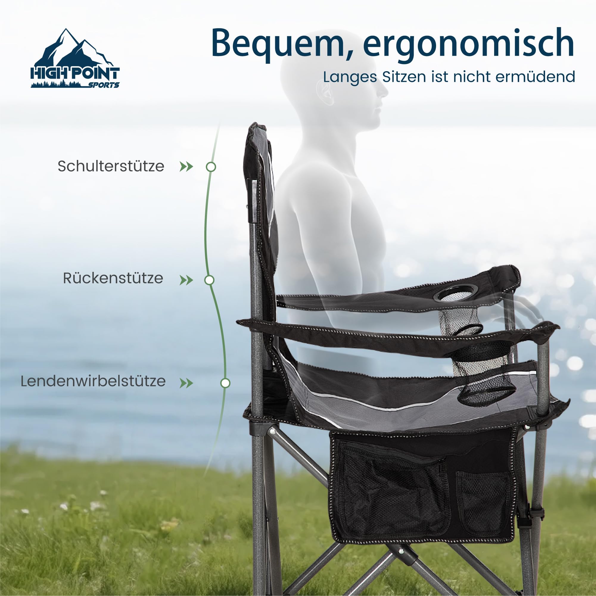 HIGH POINT SPORTS Campingstuhl Faltbar Angelstuhl Klappbar 160 kg Belastbar Klappstuhl mit Armlehne Getränkehalter Stahlrahmen Tragbar Campingsessel