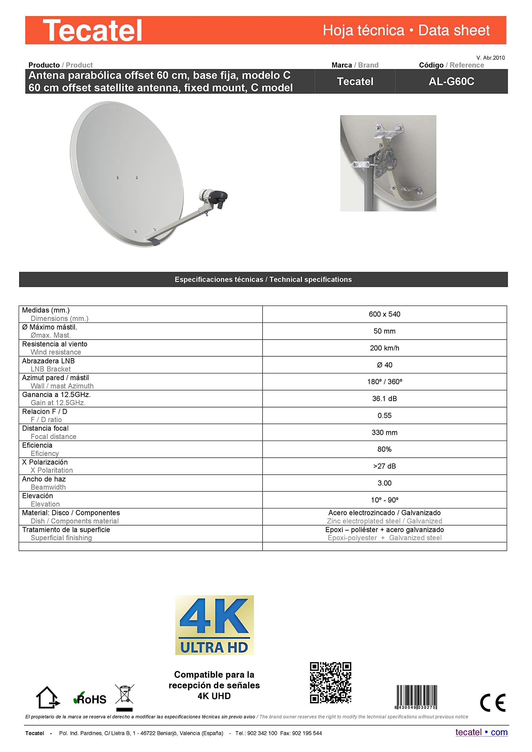 Tecatel E60C1LSCCK1-37 - Kit parabólica de 60 cm (Soporte, LNB Universal, Cable, Conectores, Grapas, Bridas y buscador), Color Blanco