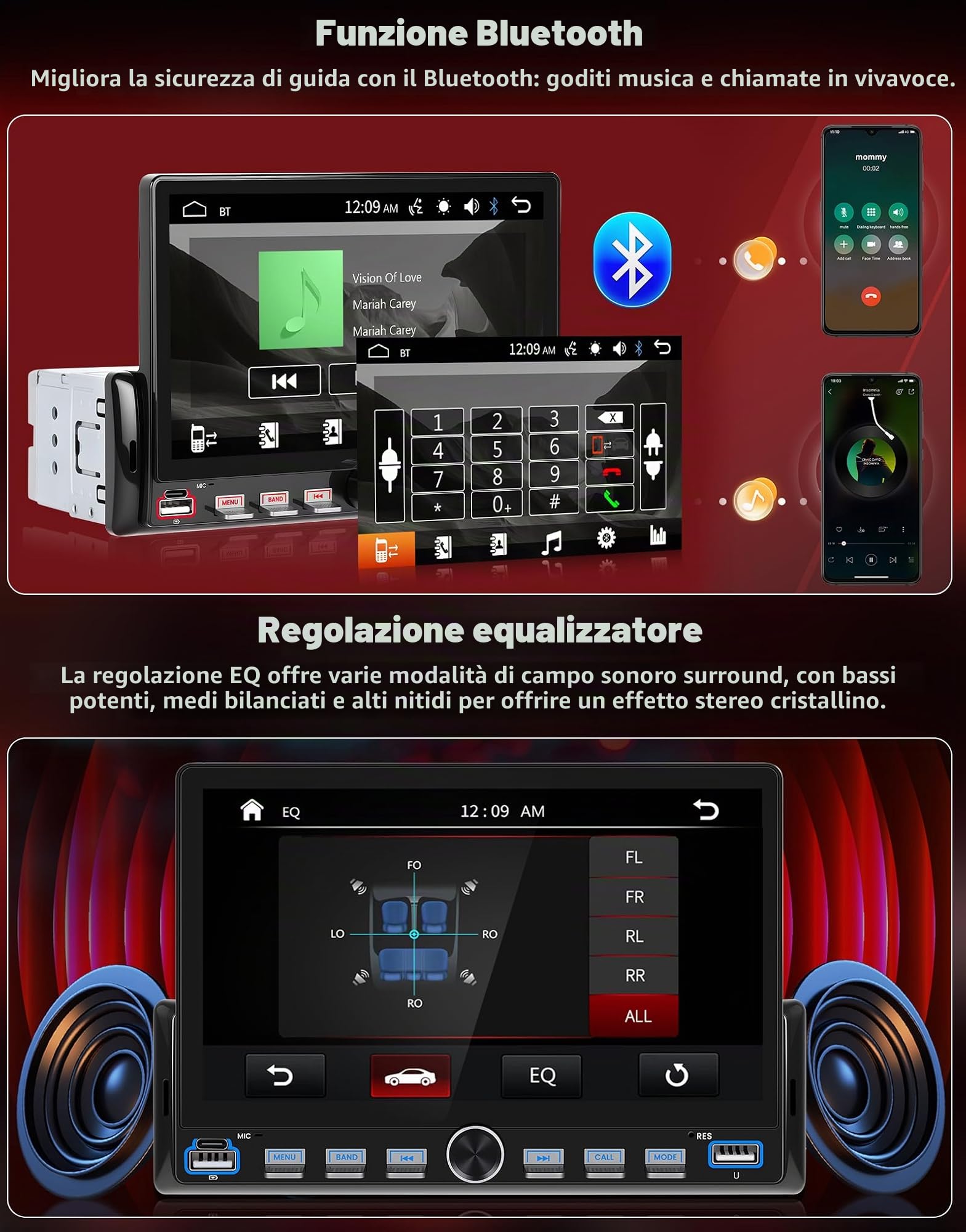 CAMECHO 1 DIN Schermo Tattile 7 Pollici Autoradio con Bluetooth Mirror Link Lettore MP5, Radio 1 DIN per Auto con FM, EQ, USB, Mirror Link, Comandi al Volante + Telecamera