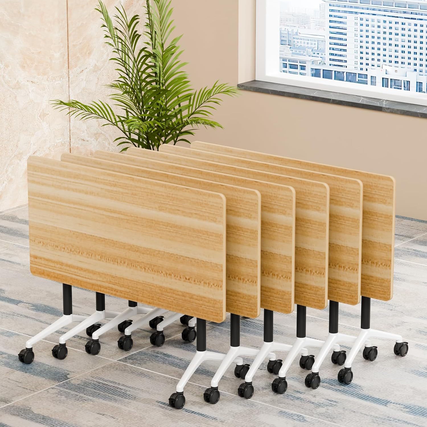 Folding Conference Table, Modern Foldable Conference Room Tables, Office Training Tables with Locking Wheels, Modular Rolling Rectangular Meeting Table, Heavy-Duty Metal Frame (6, Maple, 55.1in)