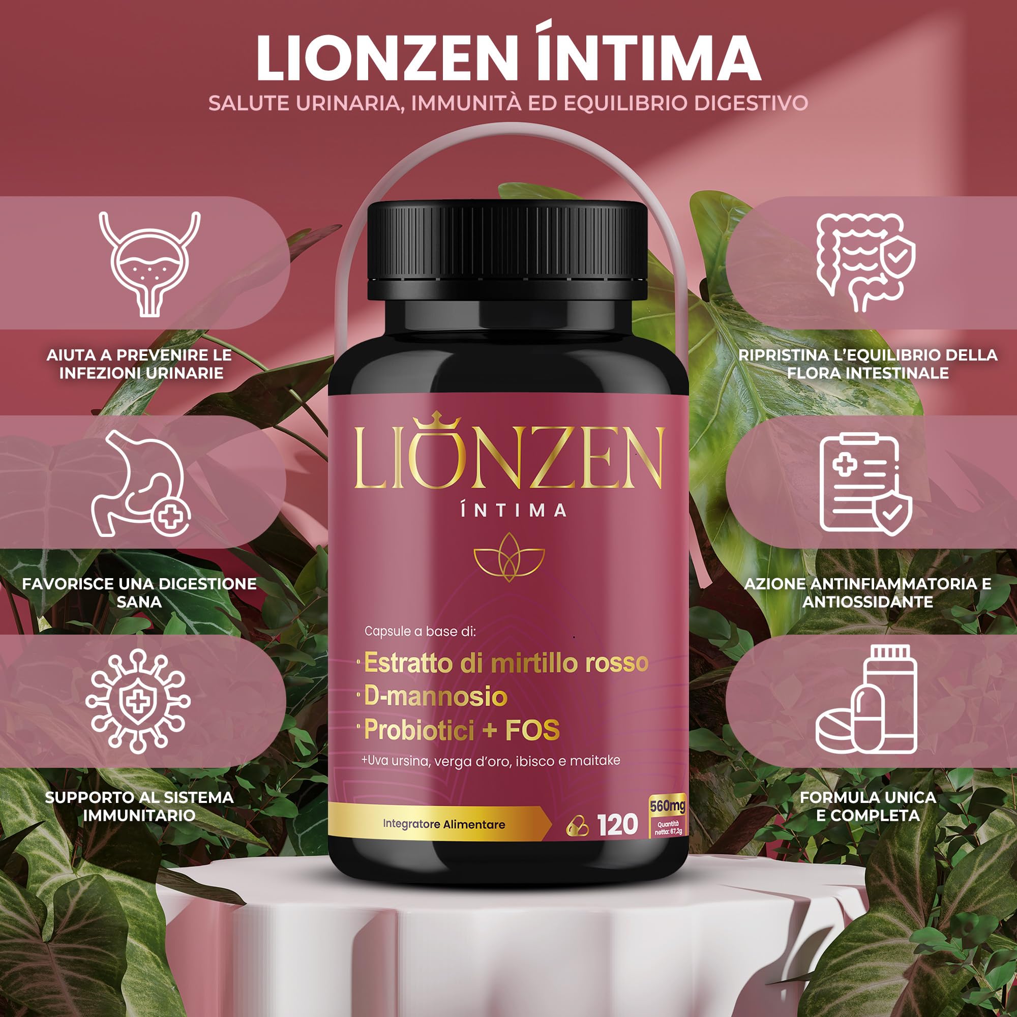 Probiotici Donna Flora Intima | Mirtillo Rosso, D-mannosio +12 Ingredienti naturali | +2000 milioni UFC | Benessere delle vie urinarie femminili | 120 capsule | Lionzen Intima