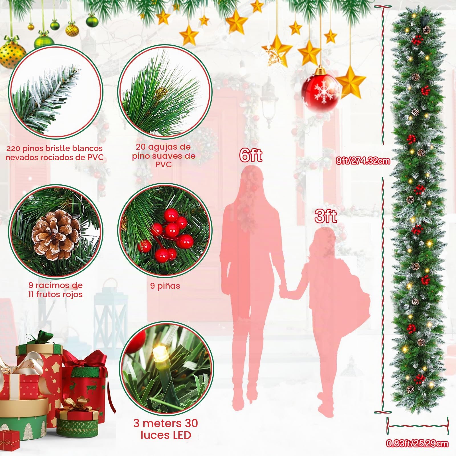 Guirnalda navideña con iluminación de 30 LED - 2,7M de guirnalda de abeto con iluminación, esferas florales - decoración navideña de ratán, guirnalda para Navidad para escalera, interior y exterior