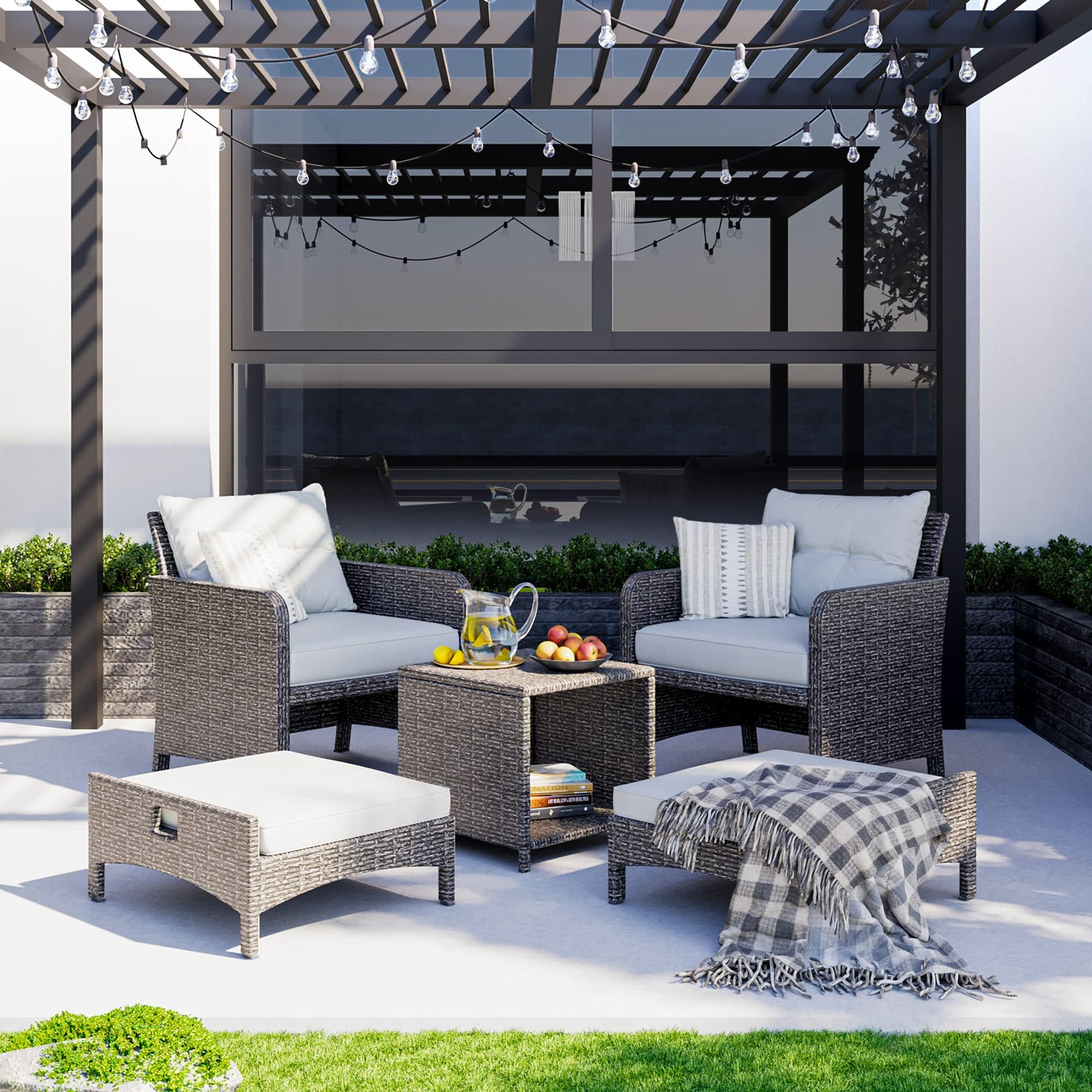 Pamapic 5 Pieces Wicker Patio Furniture Set Outdoor Patio Chairs with Ottomans Conversation Furniture with coffetable for Poorside Garden Balcony(Grey Cushion +Grey Rattan)โฆ