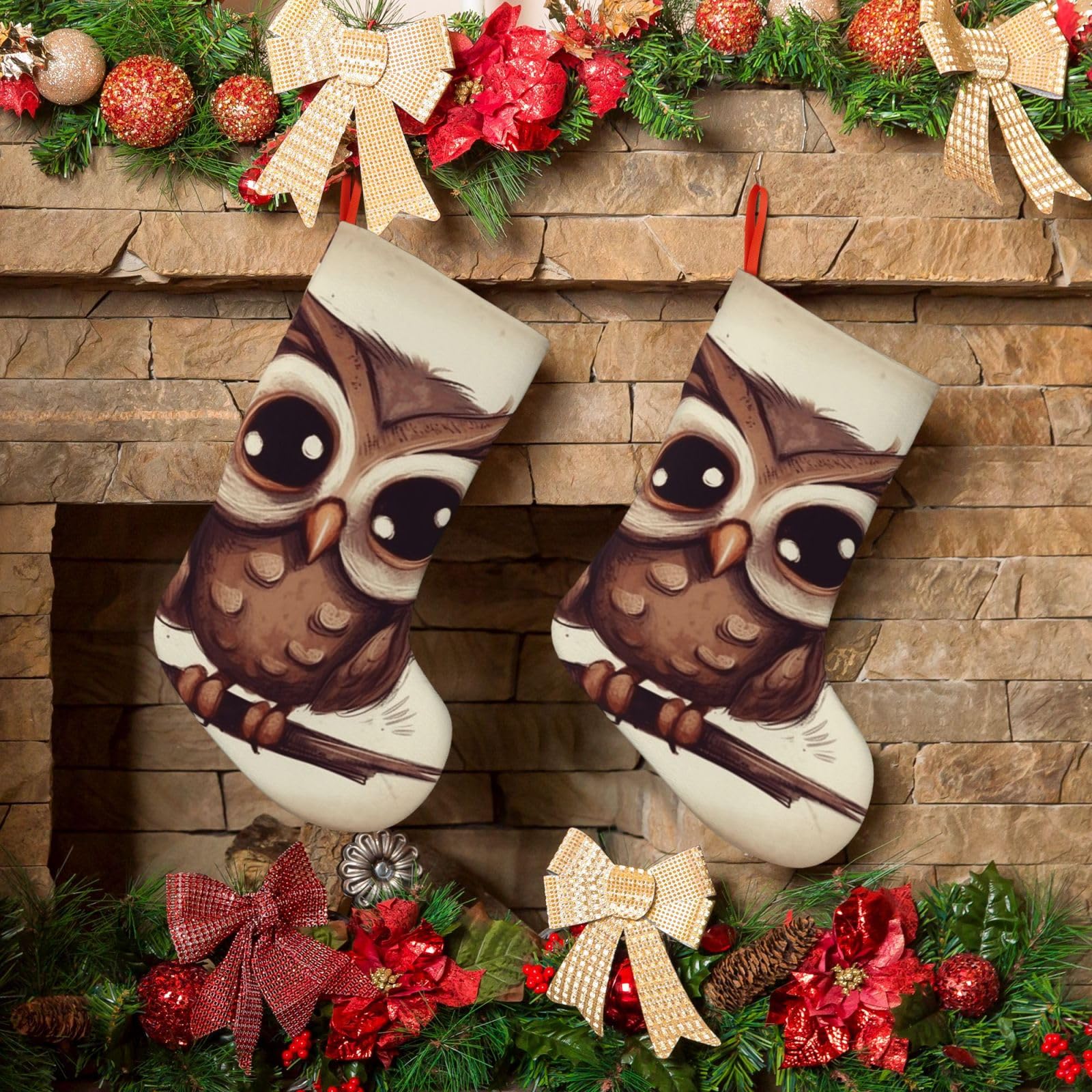 KLOPH Christmas Stockings 18" Personalized Xmas Stocking Cute Owl Decoration Stocking Hanging Fireplace Stocking for Holiday Xmas Tree Christmas Fireplace Decor