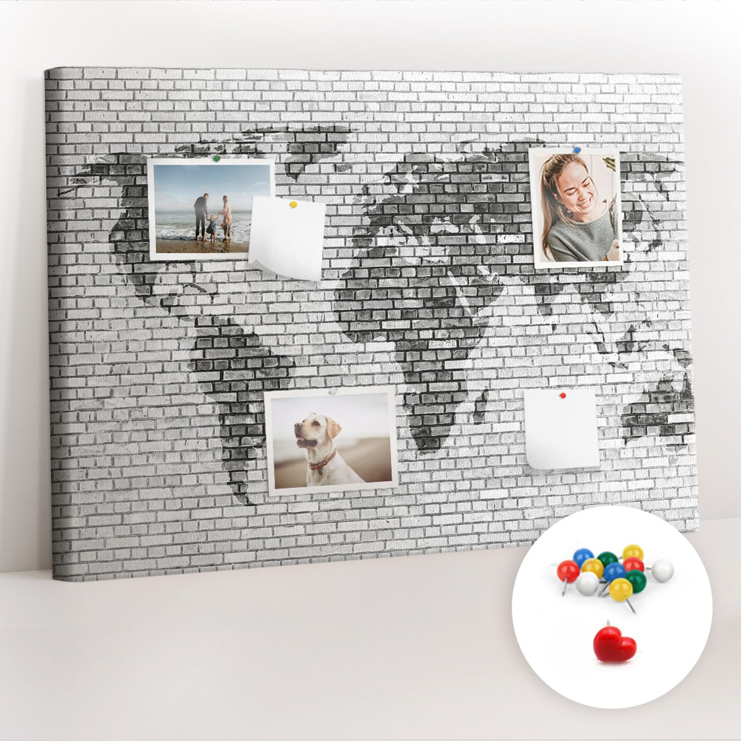 Tablero de anuncios horizontal | panel de corcho para oficina hogar escuela | superficie amplia para planificación de proyectos notas fotos ideas - 100x70 - vistoso - Pared gris con mundo
