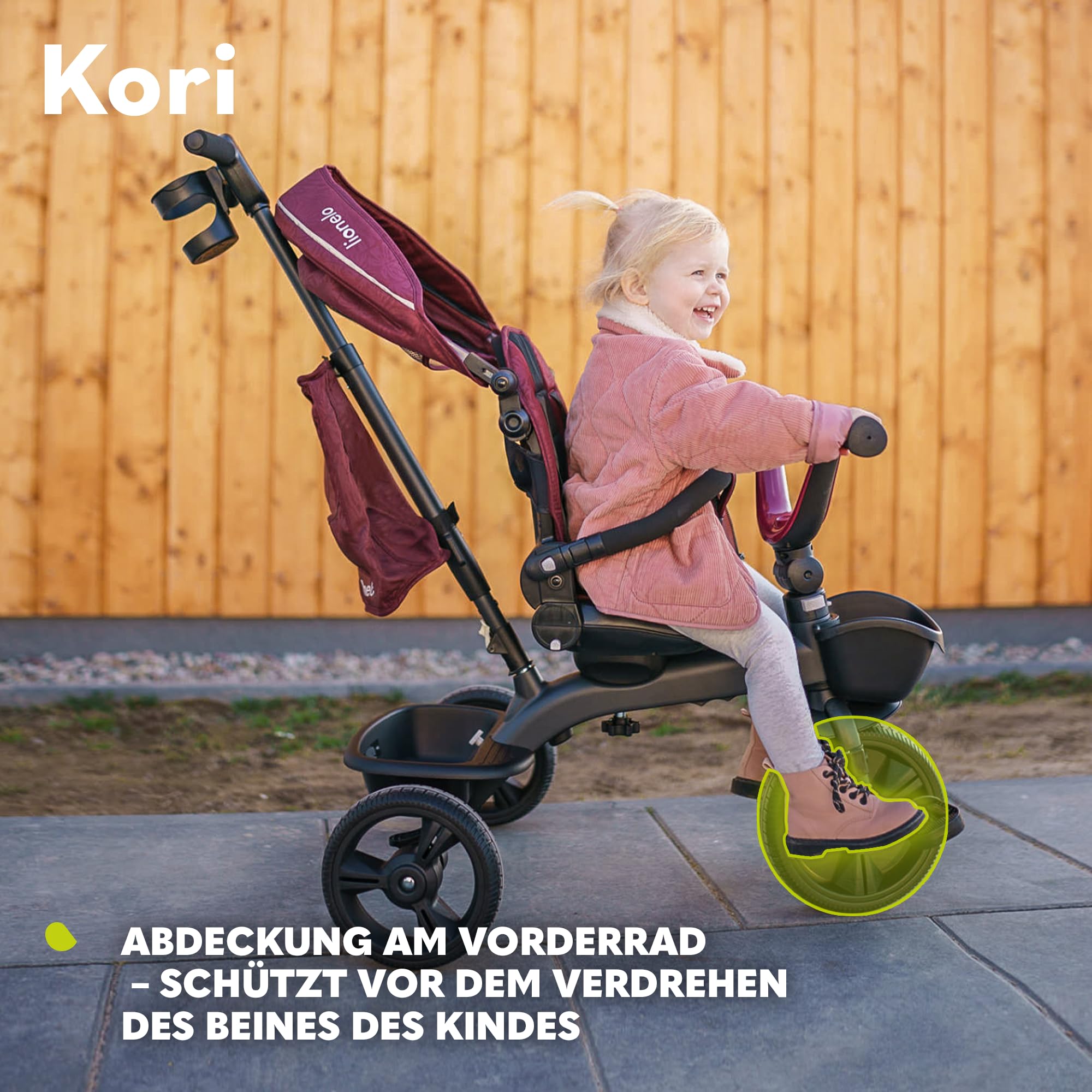 Lionelo Kori Dreirad mit Schubstange für Kinder ab 1,5 bis 5 Jahre, drehbarer Sitz, Magnesium-Rahmen, wartungsfreie Gummiräder, freies Rad, abnehmbares Vordach, 55 x 80 x 56 cm
