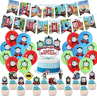 Thomas Train birthday party supplies, including cake caps, cupcake caps, flags, Latex Balloons, It is very suitable for boy's and girl themed birthday party supplies