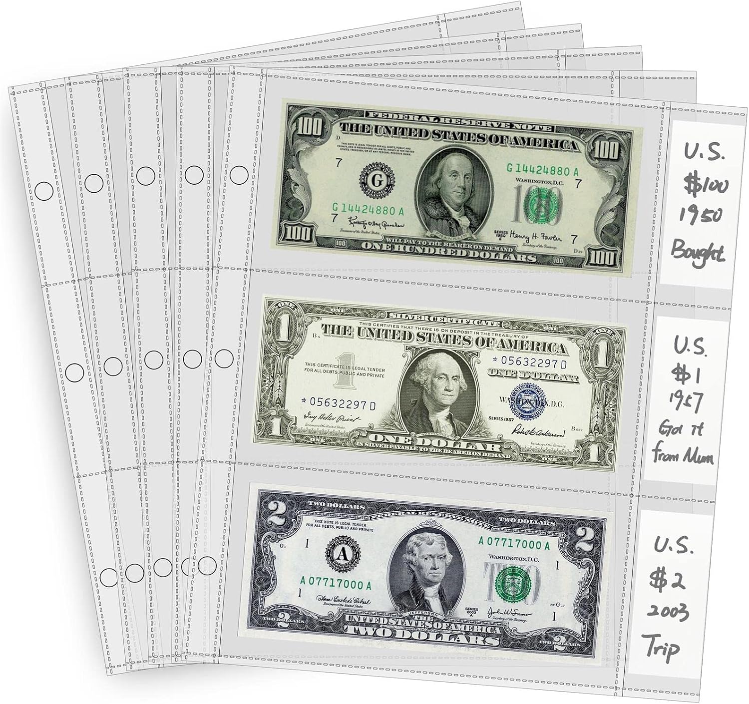 Currency Sleeves with Label Pockets, 50 PCS Banknote Sleeves, 3-Pocket Page Protector for 3 Ring Binder 8.5 x 11, Currency Holder for Bills, Bill Protector