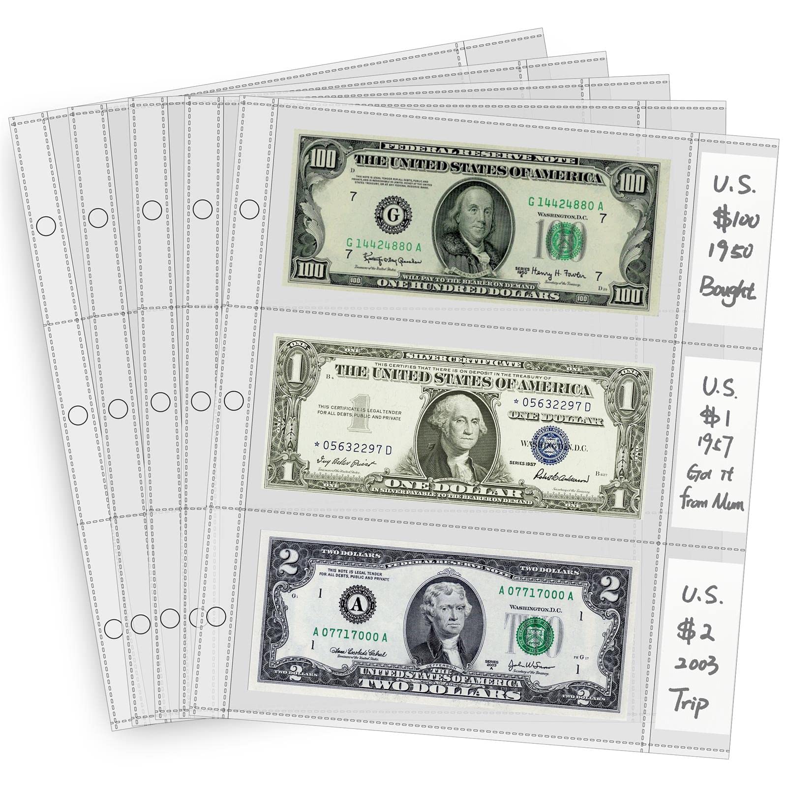 Currency Sleeves with Label Pockets, 50 PCS Banknote Sleeves, 3-Pocket Page Protector for 3 Ring Binder 8.5 x 11, Currency Holder for Bills, Bill Protector