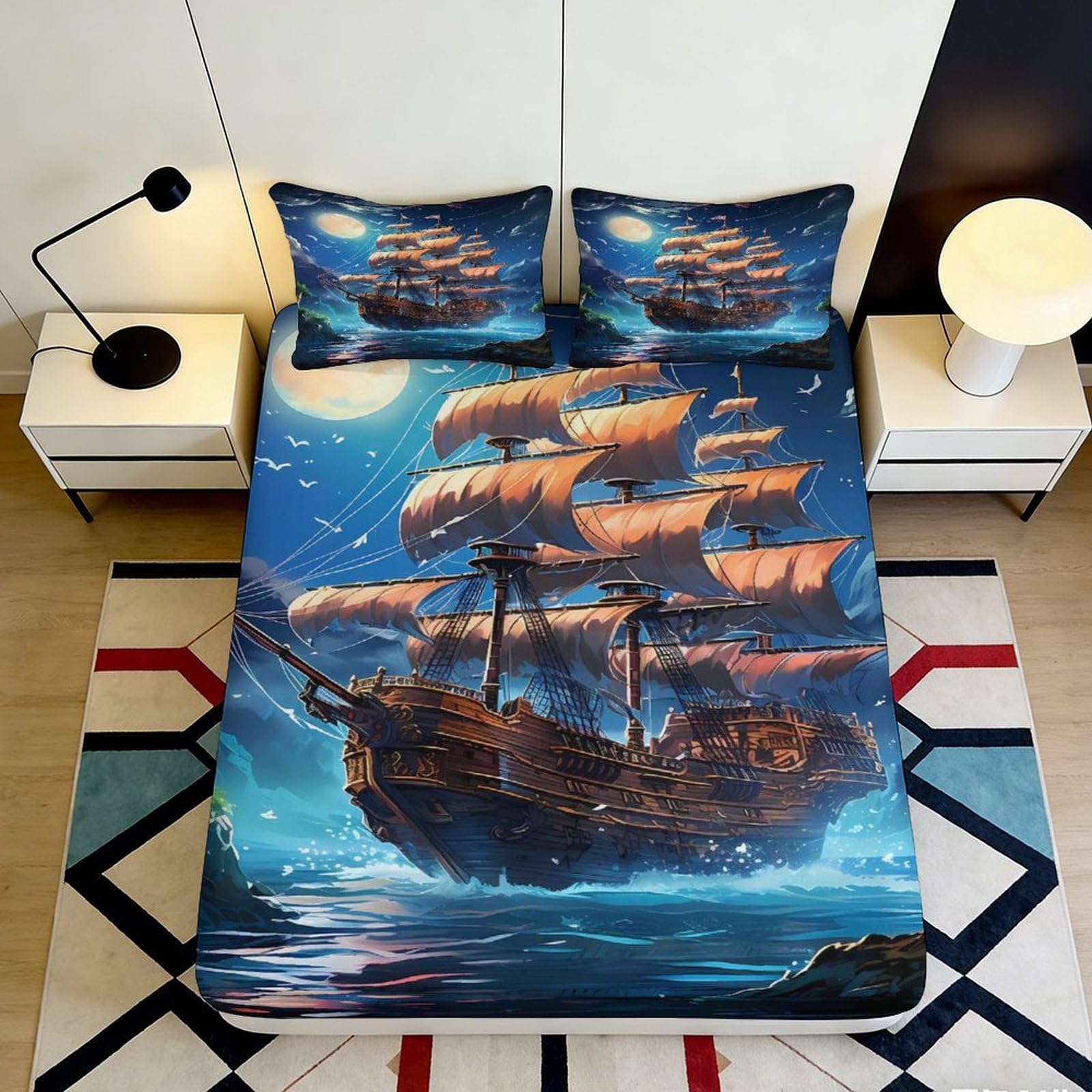 3D Printed Sailing Ship Fitted Sheet Microfiber Durable Easy Care Moonlit Ocean Bed Cover for Bedroom Dormitory Guest Room Mattress Protection 200x200x25cm