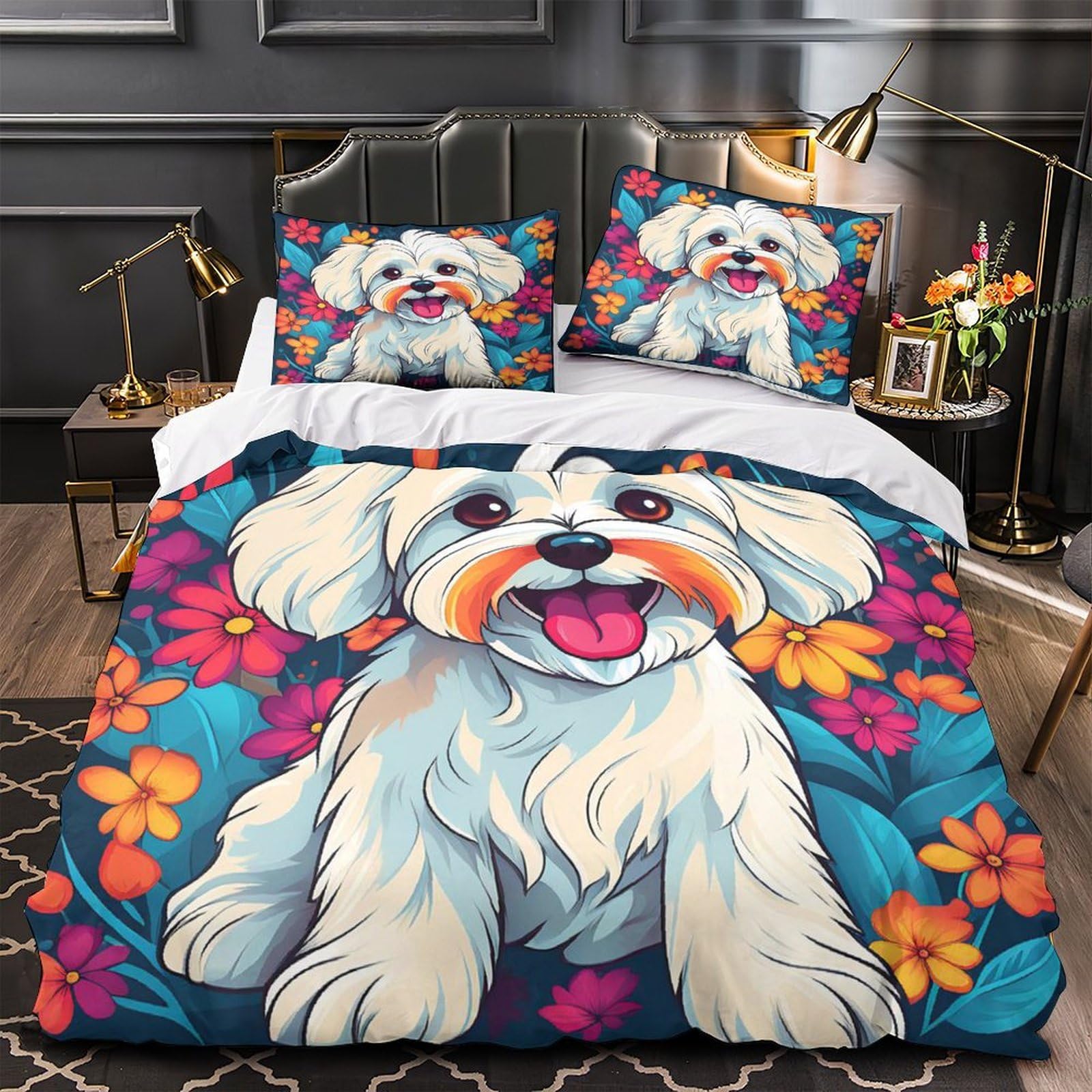 Housse de couette chien mignon 140x200 cm avec taie d'oreiller pour lit simple enfant