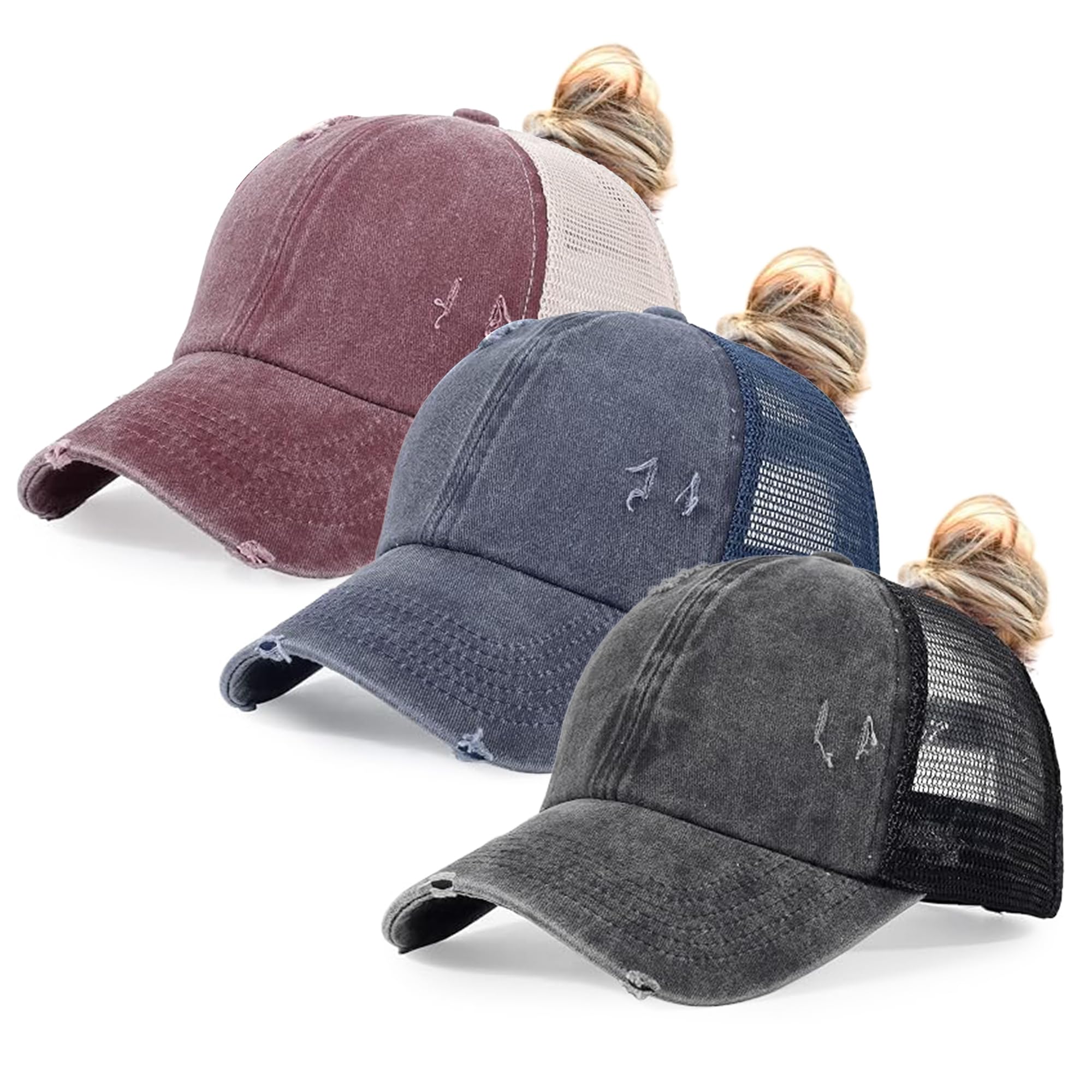 HH HOFNEN Ponytail Hat for Women Washed Distressed Baseball Cap Ponycaps