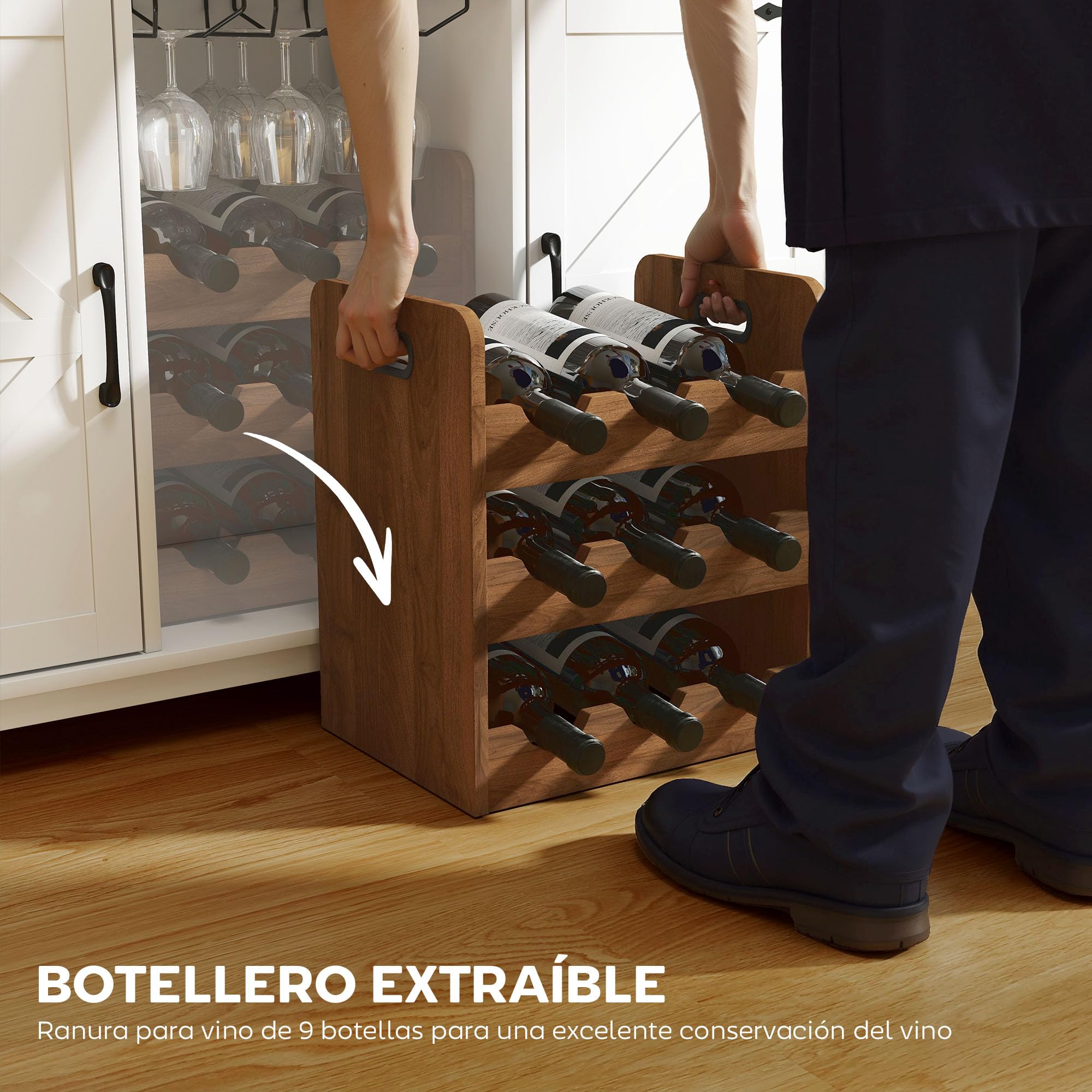 HOMCOM Aparador de Cocina con Botellero, Aparador con 2 Puertas de Granero, Estantes Ajustables y Soporte para Copas, para 9 Botellas, Buffet Auxiliar de Cocina para Comedor, Salón 120x37x88 cm Blanco