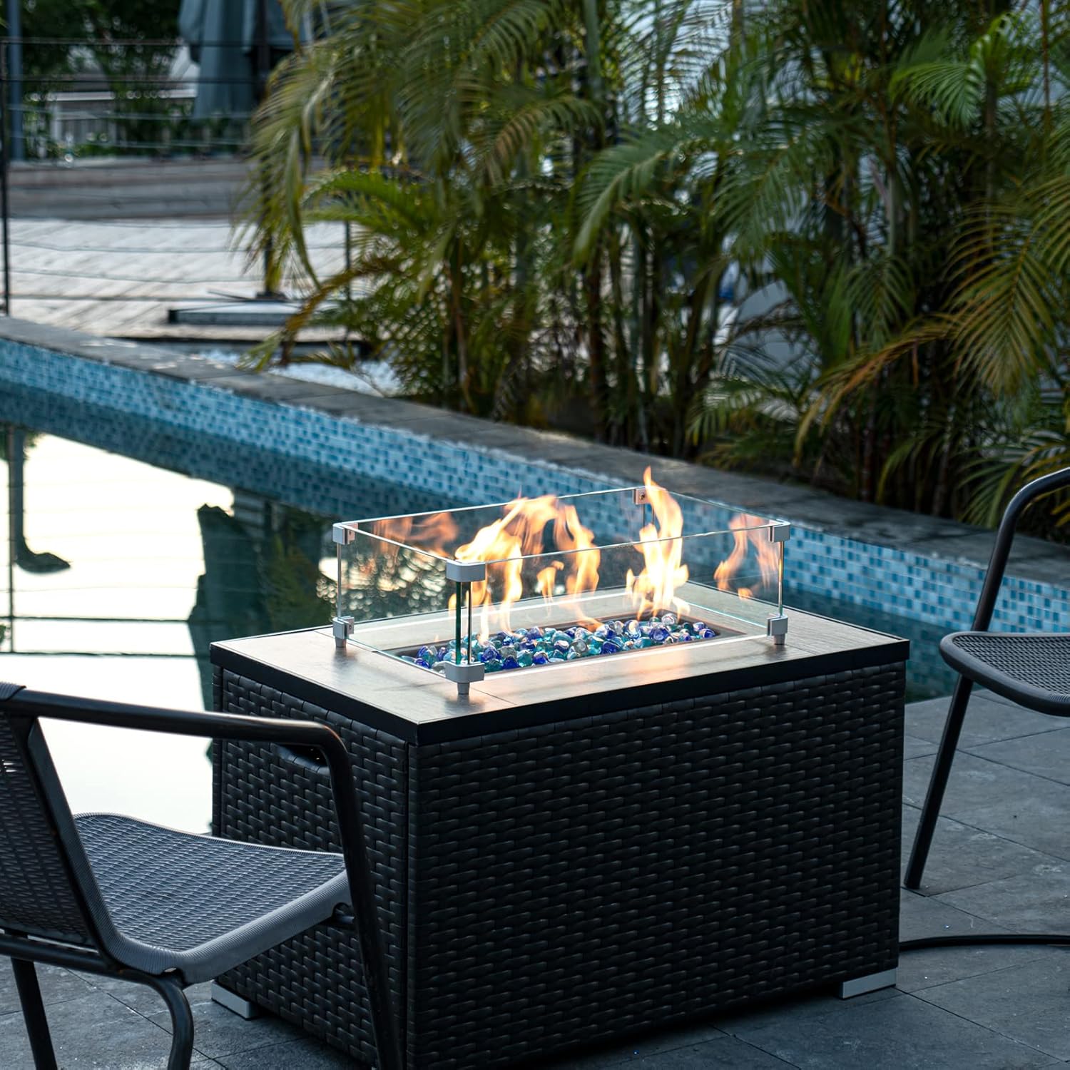 GASPRO 20 Pound Fire Glass Diamonds 1 Inch, Fire Pit Glass Rocks for Gas Fireplace and Fire Pit, Blend of White, Cobalt Blue and Margarita Azura Blue, High Luster