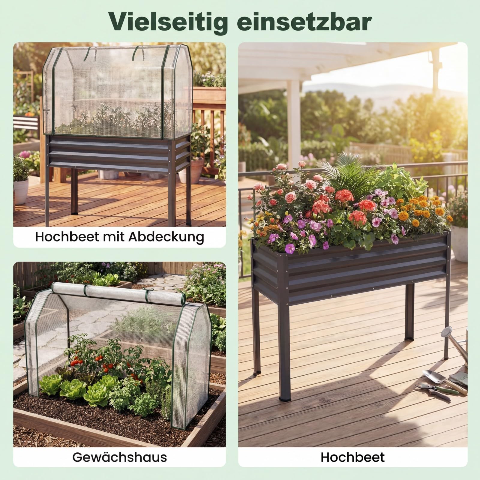 COSTWAY 3 in 1 Hochbeet mit PE-Abdeckung, erhöhtes Gartenbeet aus verzinktem Metall, Gewächshaus mit rollbarer Tür, Pflanzbeet Kräuterbeet für Garten Balkon Terrasse, 112 x 55 x 152 cm (Grau)