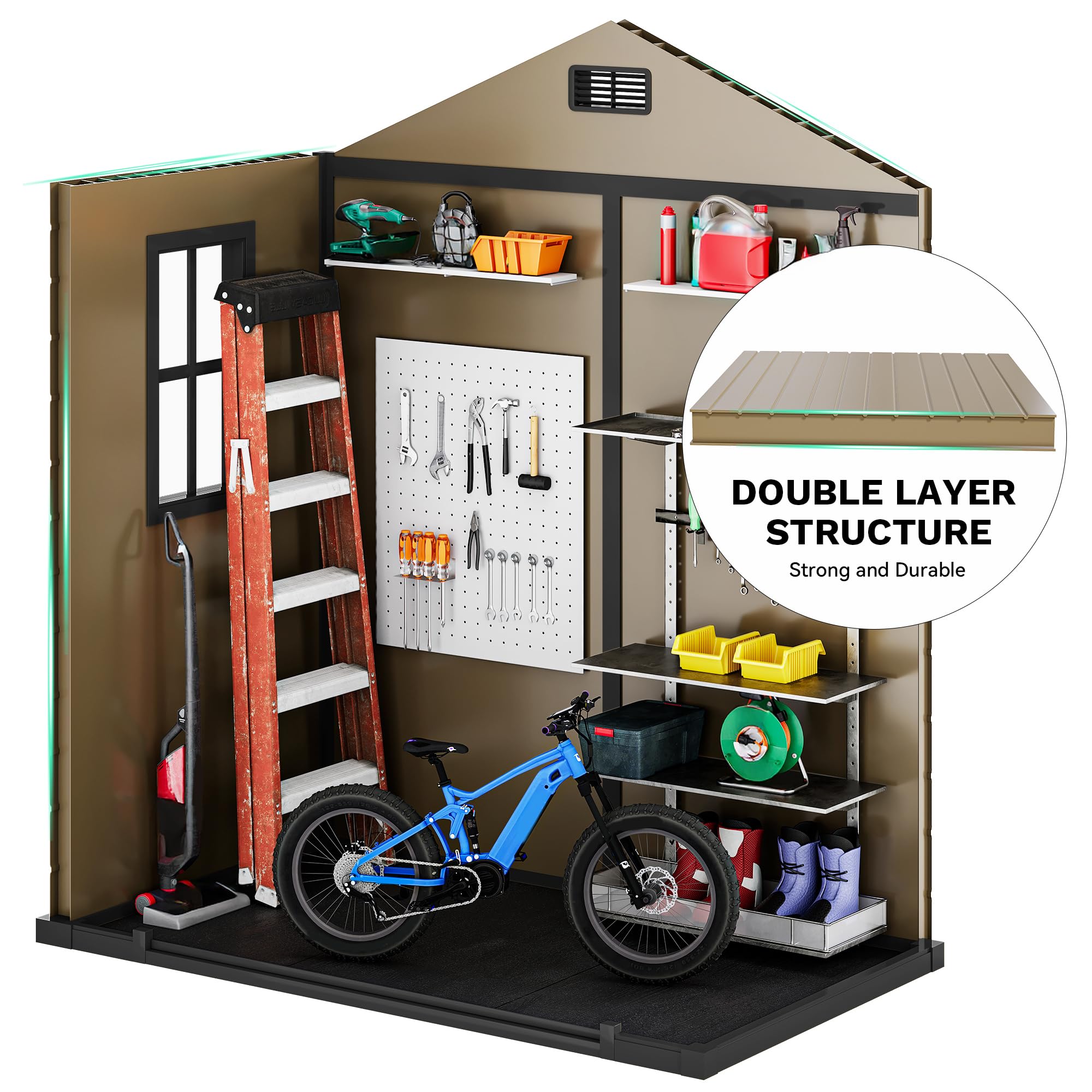 DWVO 6x4 FT Outdoor Resin Storage Shed with Reinforced Floor, All-Weather Bike Storage Shed with Lockable Door, Window and Vent, Waterproof Plastic Tool Storage for Garden, Backyard, Patio, Lawn,Brown — view 6