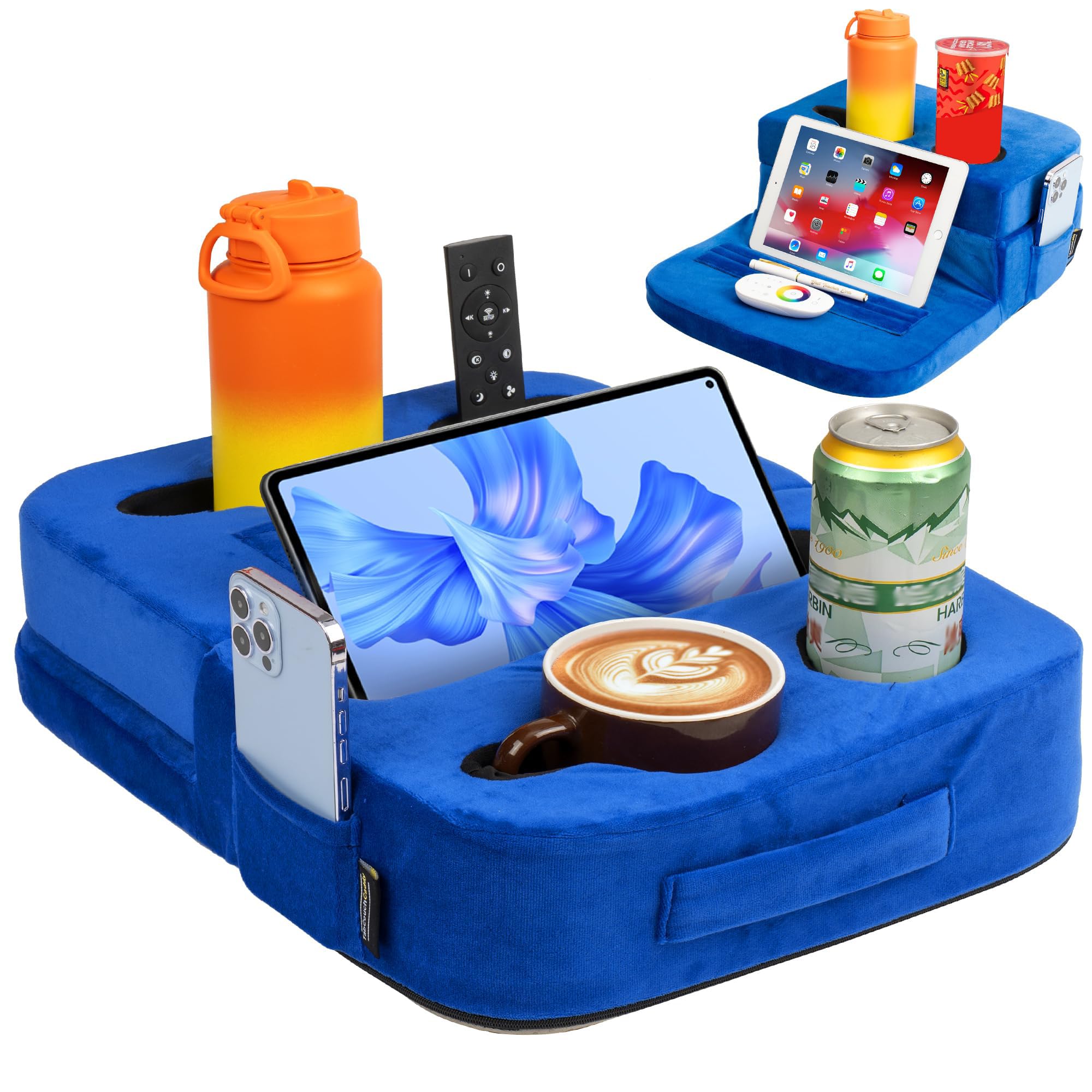 TabCouchCaddy - Couch Cup Holder Tray Pillow - Bed, Couch Caddy, Sofa, RV & Car - Holds Drinks, Snacks, Remotes, Phones, Kindle, Tablet | Bed Cup Holder (): Blue