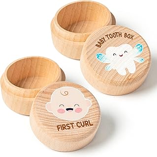 2Pcs Baby Keepsake Box for First Tooth and Curl, Wooden Tooth Fairy Box to Place Under Pillow Cute Lost Tooth First Haircut Keepsake Holder Baby Toddler Teeth Case for Baby Shower Birthday Gift