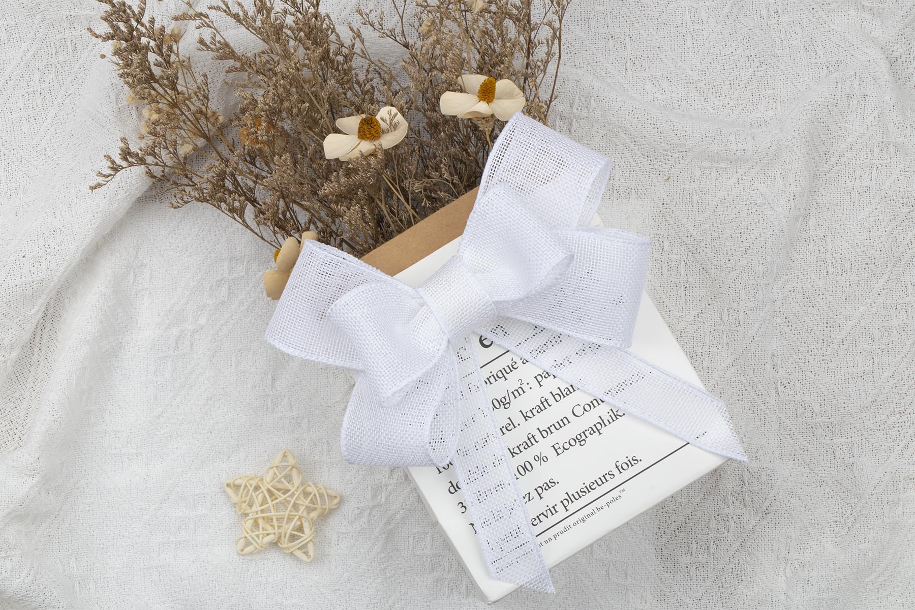 Ribbonitlux White Burlap Wired Ribbon, 100mm x 18 Meters, Wired Edge Burlap Ribbon for Gift Wrapping Big Bow, Wreath - Image 4